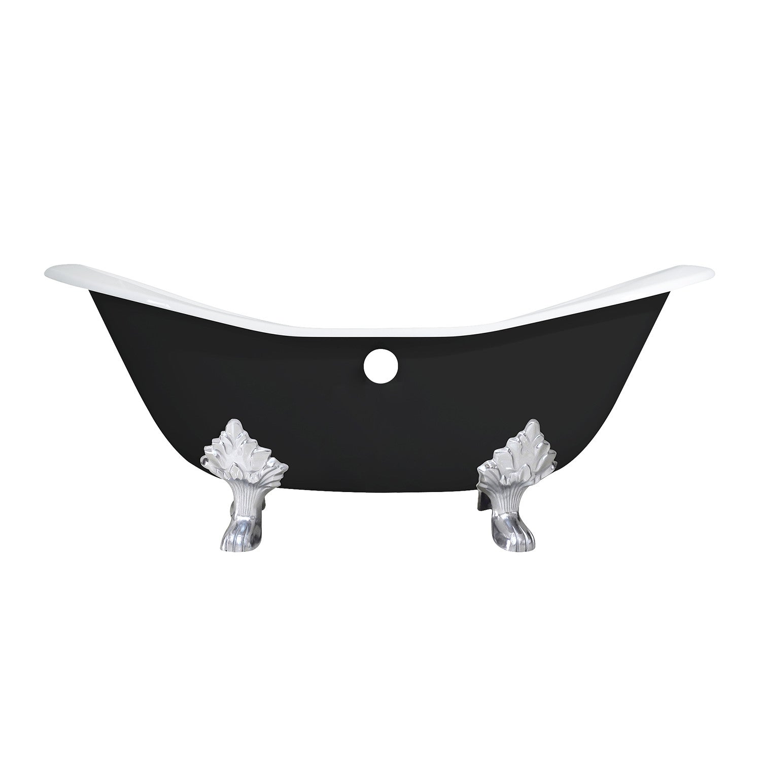 72 Inch Cast Iron Oval Double Slipper Clawfoot Bathtub - Black/White/Polished Chrome Finish, No Faucet Drillings | Vintage Freestanding Soaking Tub for Luxury Bathroom & Spa Retreat
