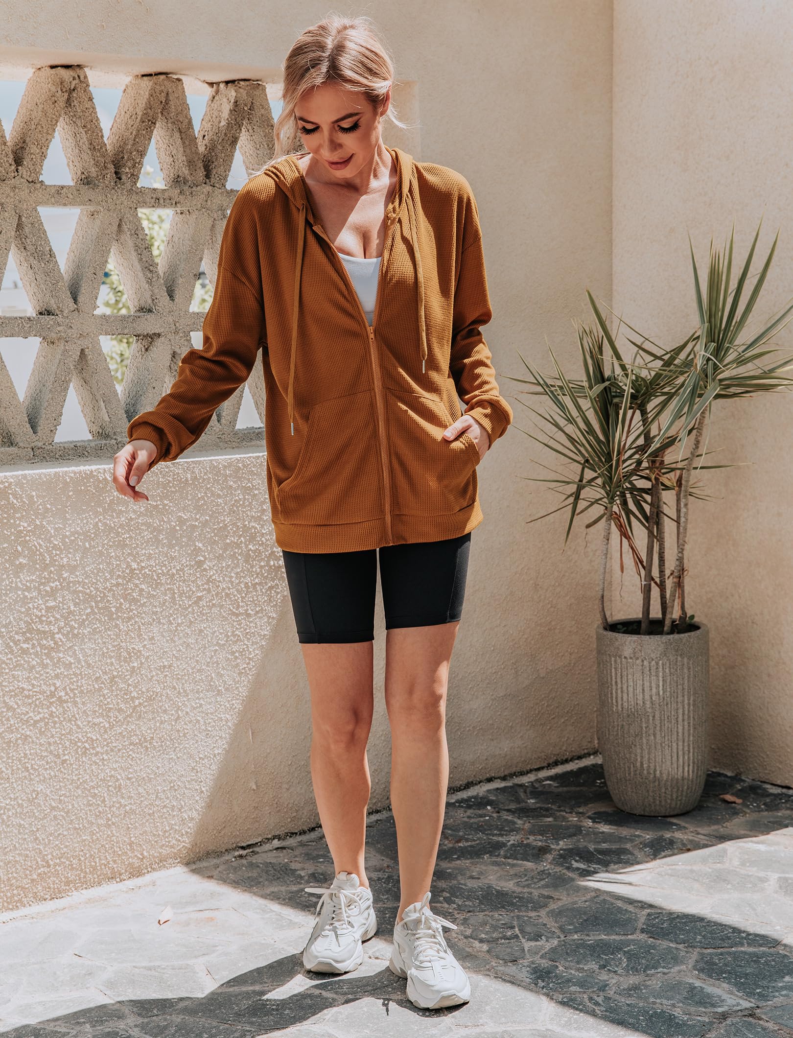 Cowasto Women's Waffle Knit Zip Up Hoodie - Casual Long Sleeve Drawstring Jacket with Hood | Perfect for Fall Layering, Outdoor Activities & Cozy Loungewear