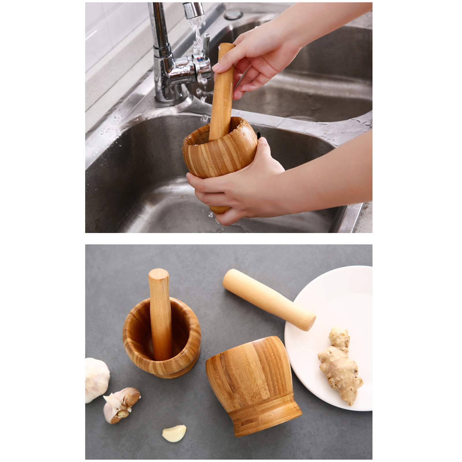 Premium Bamboo Wood Mortar and Pestle Set - Natural Guacamole Bowl, Garlic Crusher, Spice Grinder for Kitchen - Perfect for Guacamole, Salsa, Herbs & Spices - Eco-Friendly Kitchen Tool for Healthy Cooking