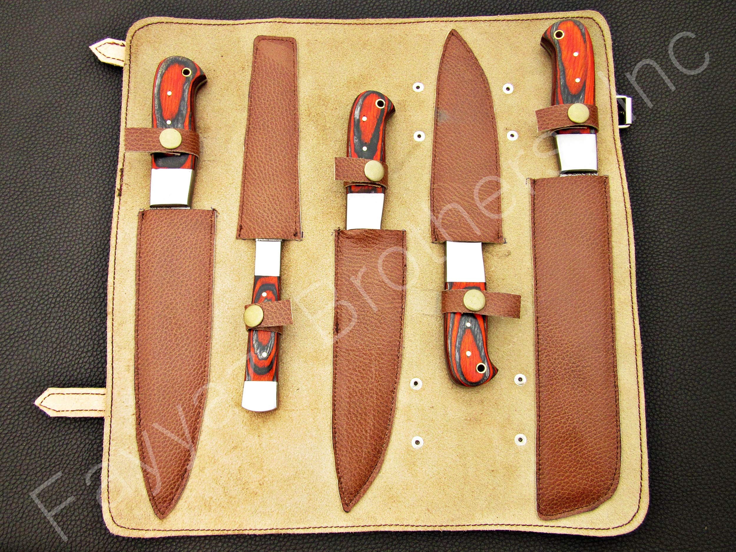 Premium Handmade Damascus Steel Kitchen Knives Set - 5-Piece Chef Knife Collection with Black & Red Wood Handle (FBK-1080) - Perfect for Professional Chefs, Home Cooking & Gourmet Gift Giving