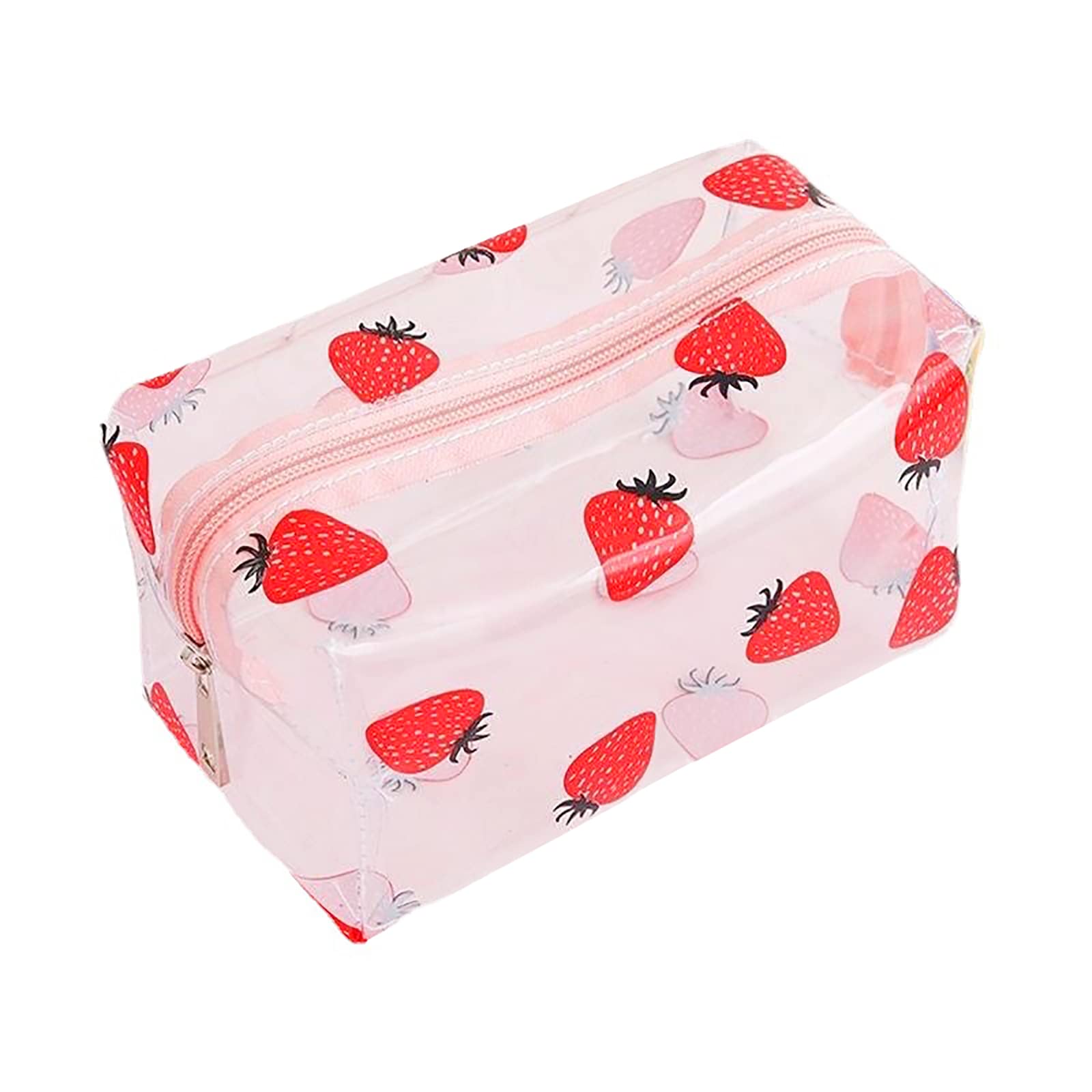 Strawberry Print Clear Waterproof Cosmetic Bag - Cute Transparent Makeup Pouch for Travel Toiletry Organizer | Portable Cartoon Storage Case for Makeup Brushes, Jewelry & Travel Essentials