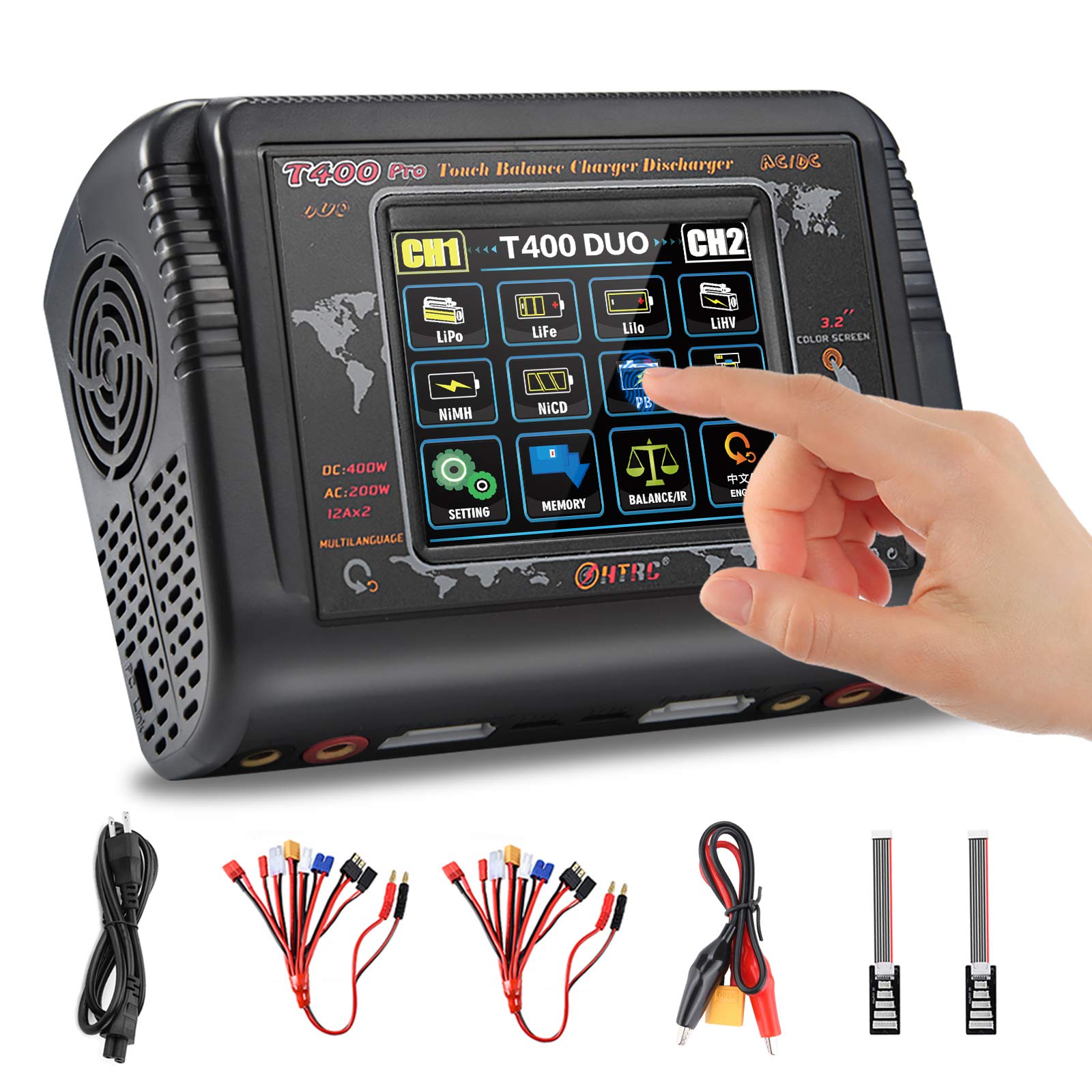 Professional 200W AC/400W DC 12A LiPo Battery Charger Discharger with Touch Screen - Balance Charger for LiPo/LiFe/NiCd/NiMH/LiHV/PB Batteries (1S-6S) - Perfect for RC Cars, Drones, and DIY Electronics Projects