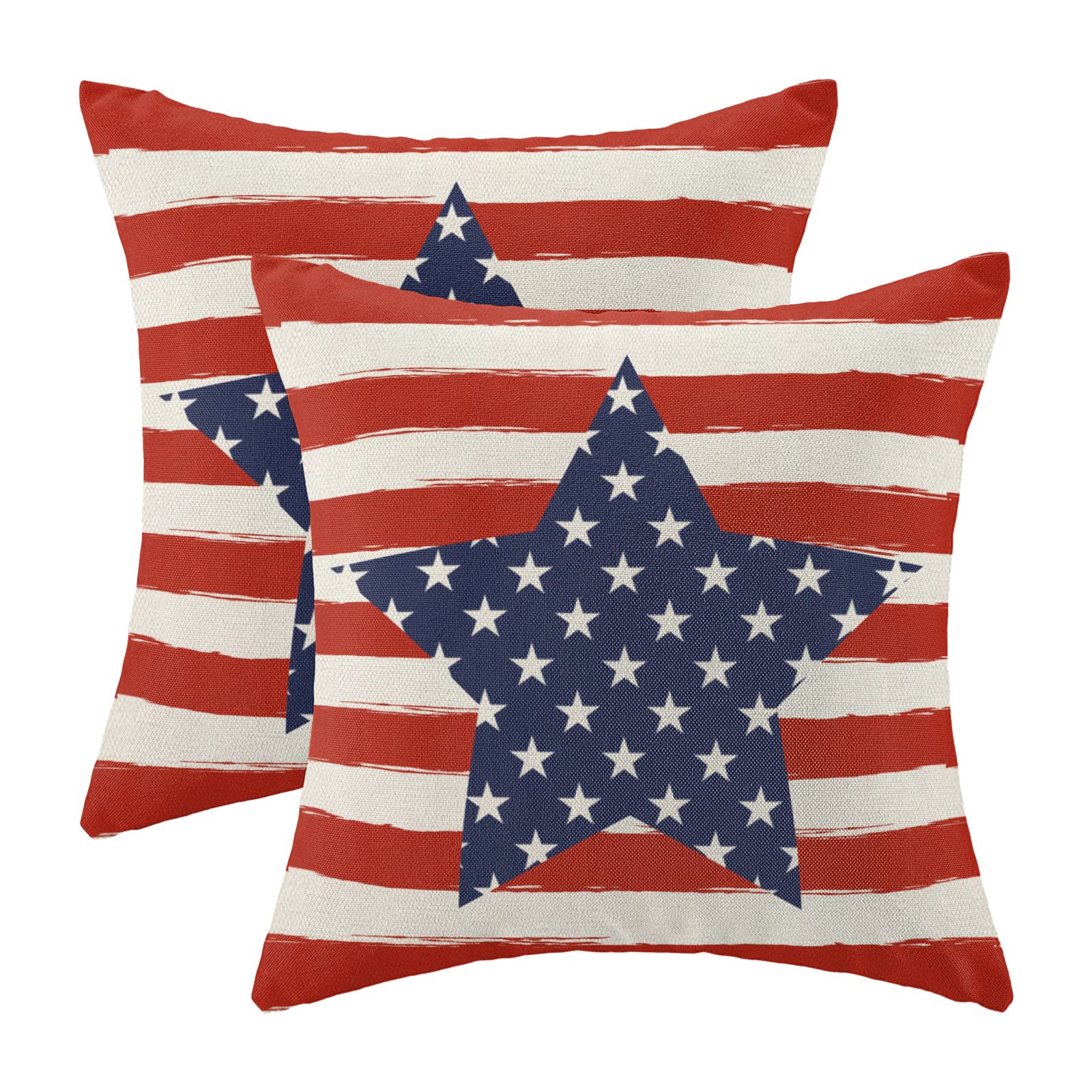 4th of July Pillow Covers 18x18 Inch Set of 2 - Patriotic American Flag Red Stripe Blue Star Throw Pillow Cases for Couch, Bed, Porch & Outdoor Decor - Perfect for Memorial Day, Independence Day & USA Themed Home Decorations