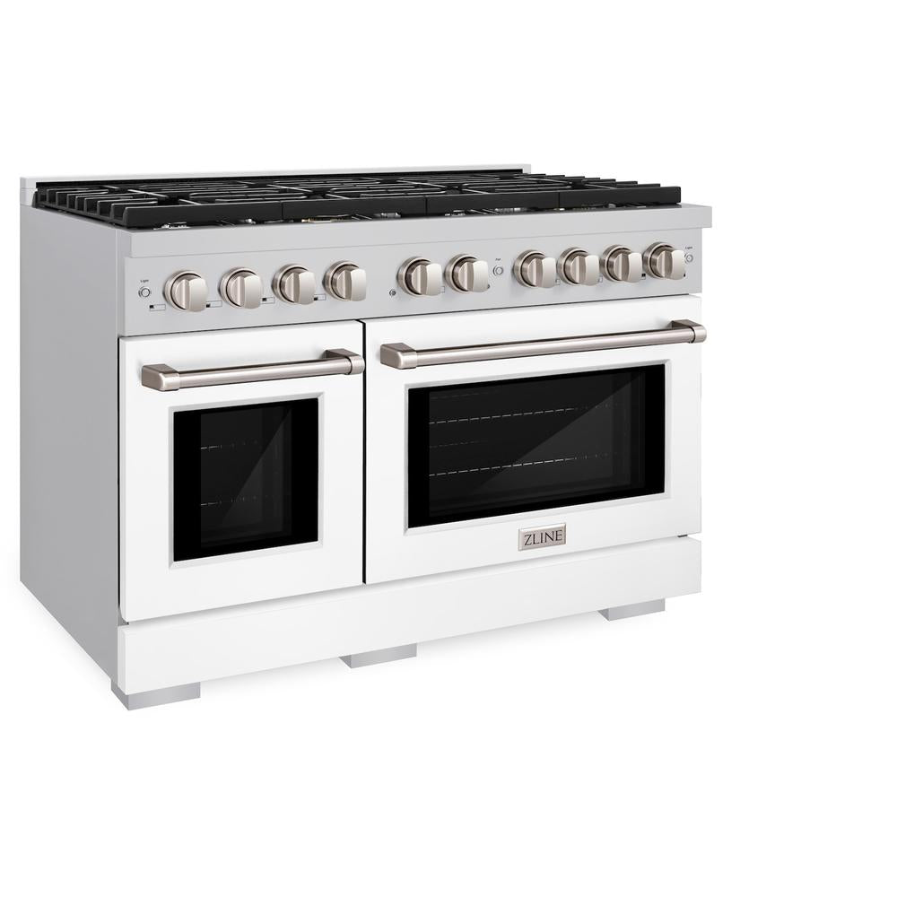 ZLINE 48-inch 6.7 cu. ft. Stainless Steel Dual Fuel Range with 8-Burner Gas Cooktop & White Matte Doors - Professional Double Oven for Home Kitchen Cooking, Baking & Entertaining (Model SDR WM 48)