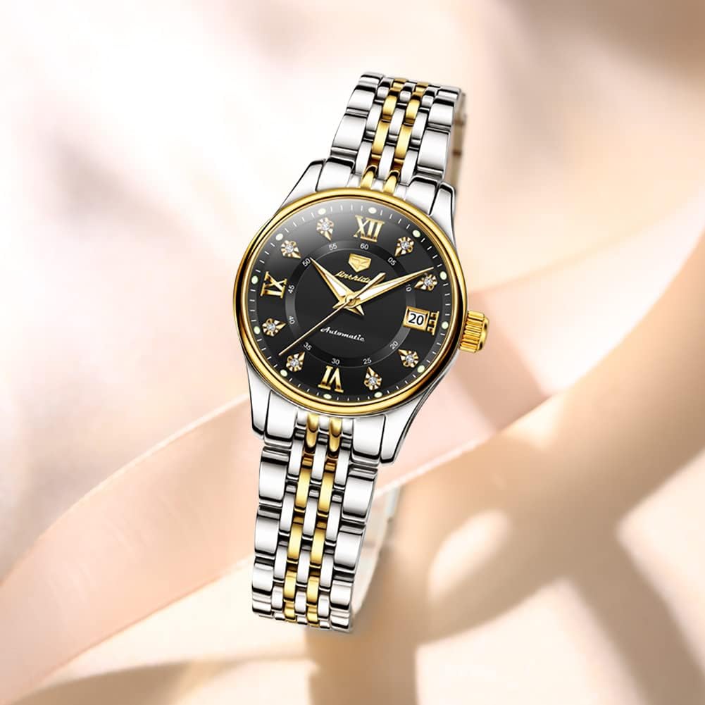 OLEVS Women's Luxury Automatic Diamond Watch - Self Winding Moon Phase Stainless Steel Dress Watch with Luminous Blue Dial & Waterproof - Perfect for Business, Evening Events & Gift Giving
