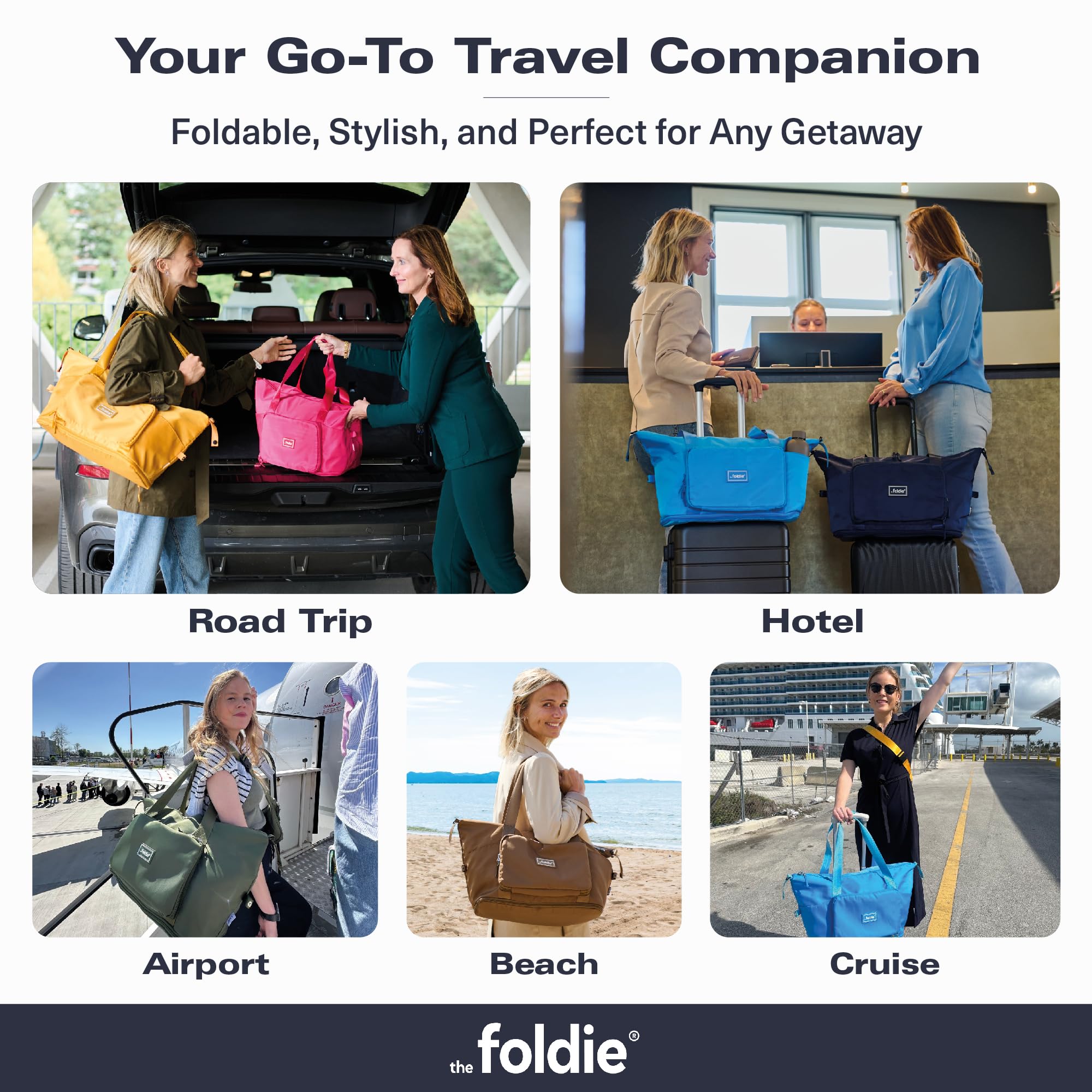 The Foldie® Foldable Travel Tote Bag for Women - Lightweight Weekender Bag with Pockets, Perfect for Gym, Beach & Airplane Carry-On | Durable & Stylish Travel Accessory