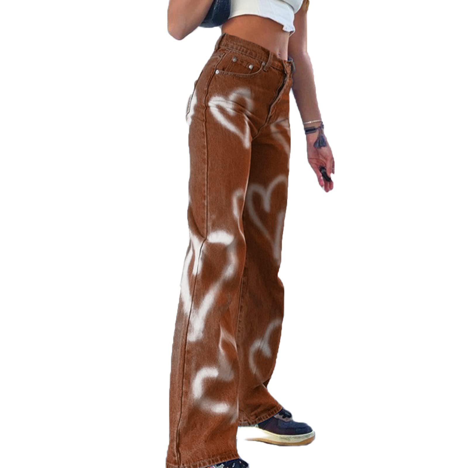 FOMOYUU High Waisted Baggy Jeans for Women - Y2K Streetwear Fashion with Print Design | Trendy Casual Pants for Teen Girls | Perfect for Daily Wear, Parties & Street Style Outfits