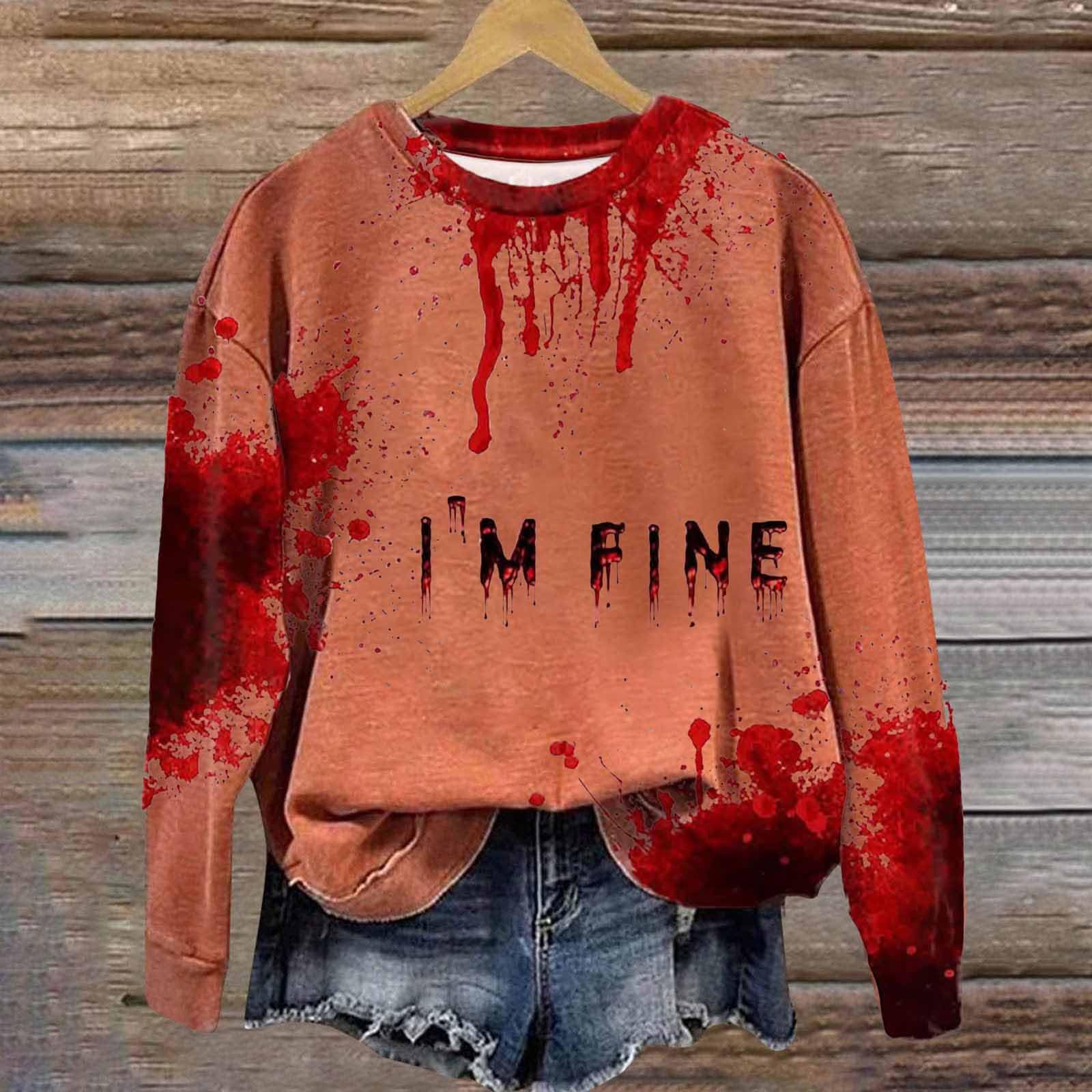 2024 Halloween Sweatshirts for Women - Funny Bloody Print Crewneck Tunic Tops | Plus Size Halloween Clothes | Black Friday & Clearance Deals | Orange & Black | Perfect for Halloween Parties & Spooky Season Outfits