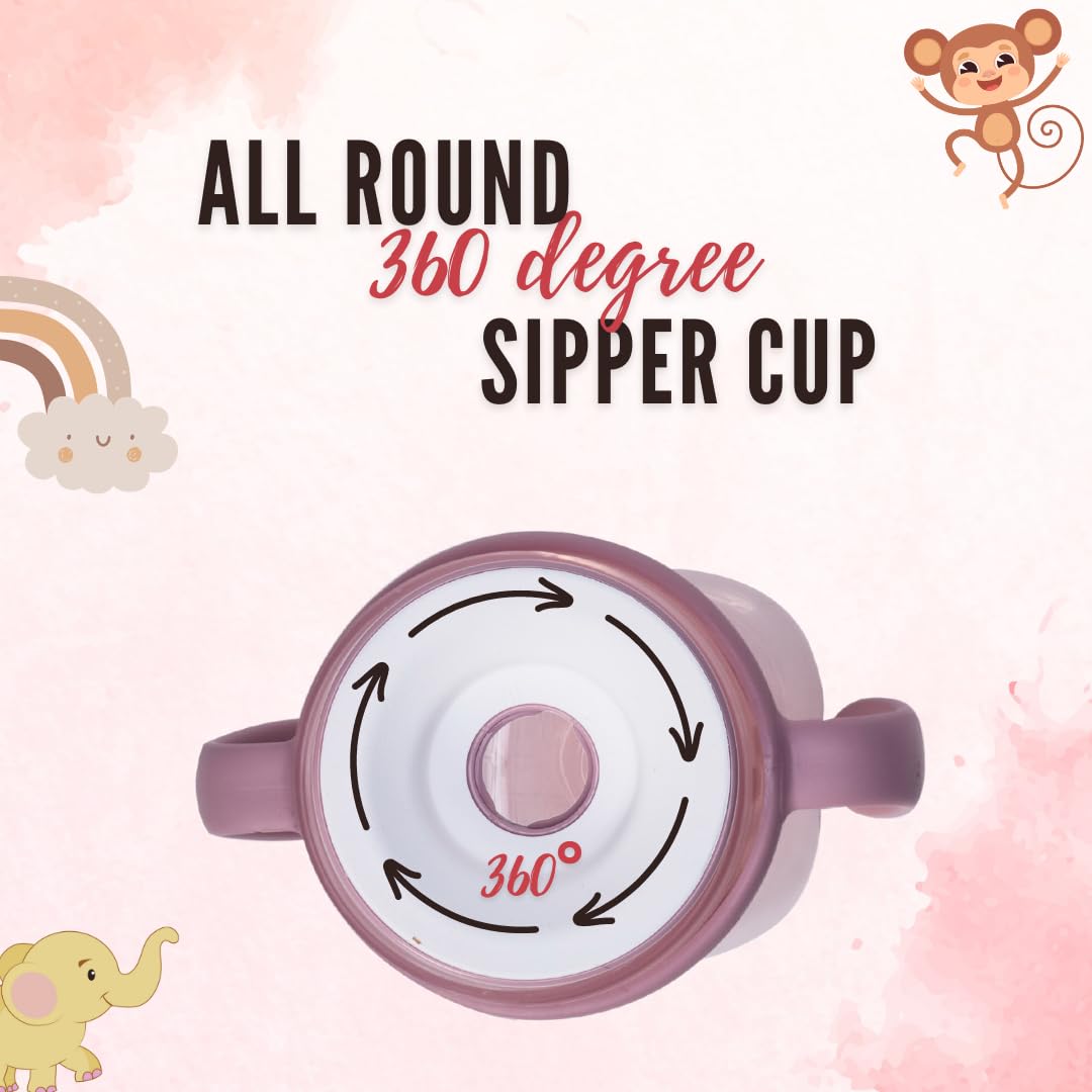 Adore Magic 360 Spoutless Sipper Cup with Handle | Leak-Proof Baby Water Bottle for 6-12 Months | Anti-Spill Straw Cup for Toddlers & Kids | BPA-Free Training Cup (250ml, Pink) | Perfect for Daycare, Travel & Learning Independent Drinking