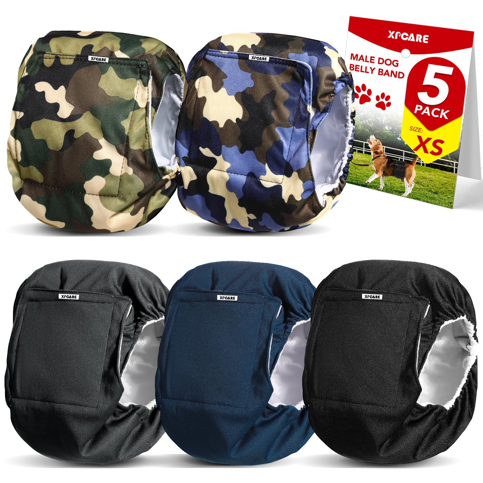 XPCARE Washable Male Dog Belly Bands (5 Pack) - Reusable Dog Diapers for Small Male Dogs, Leak-Proof Pet Belly Wrap for House Training & Incontinence Protection - Perfect for Puppies, Seniors & Travel Use