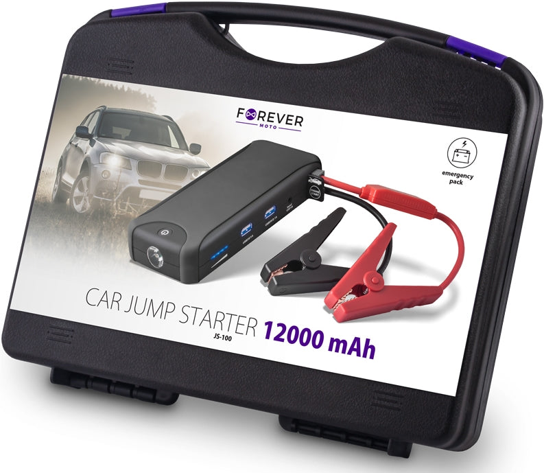 Forever Car Jump Starter & Power Bank - 12,000mAh Portable Battery Booster (JS100) for Emergency Vehicle Jump Start, Phone Charging & Outdoor Adventures