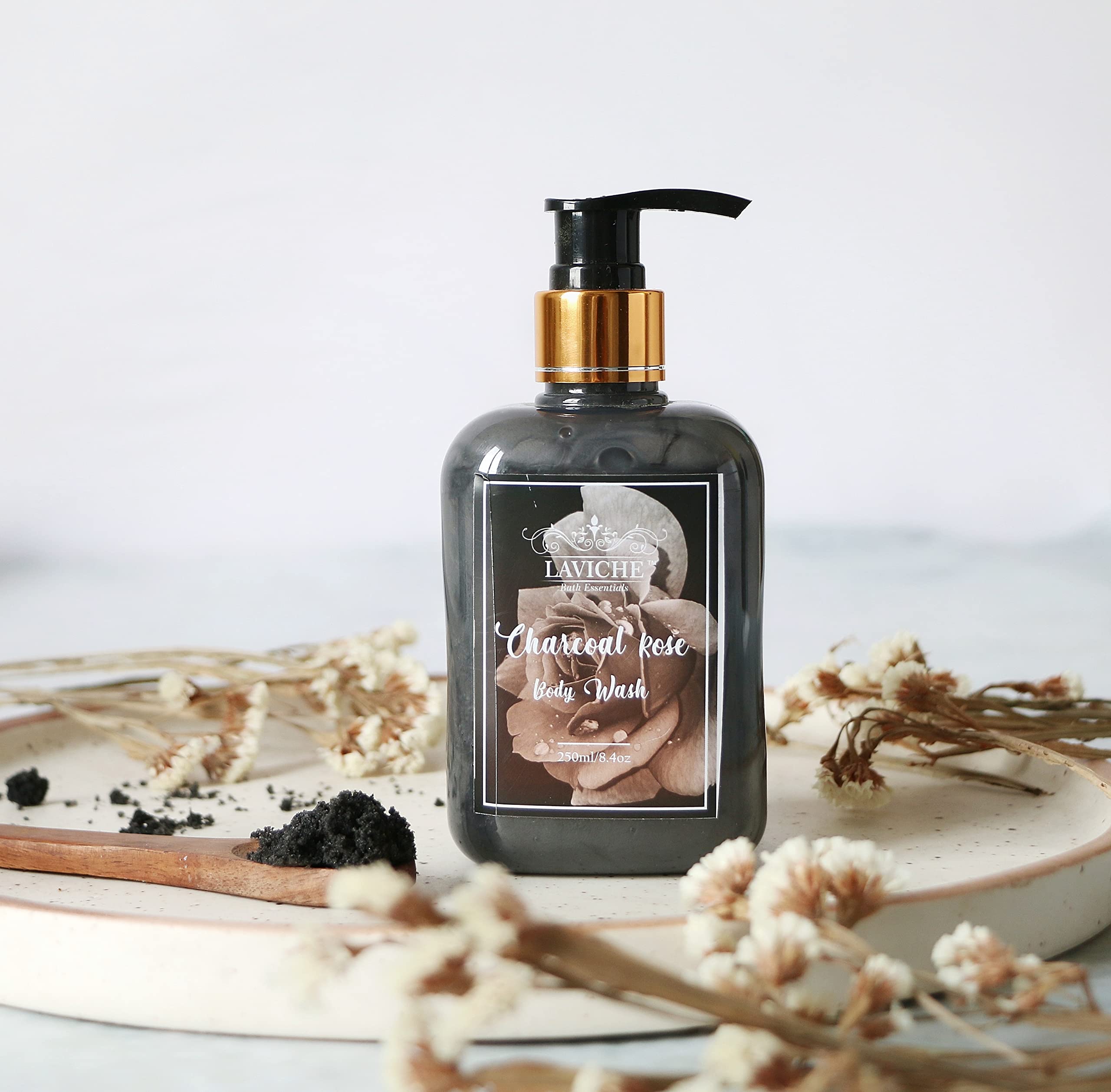 Laviche Charcoal & Rose Body Wash for Deep Cleansing - 250ml Shower Gel with Natural Extracts for Men & Women | Perfect for Daily Detox & Relaxing Bath Time