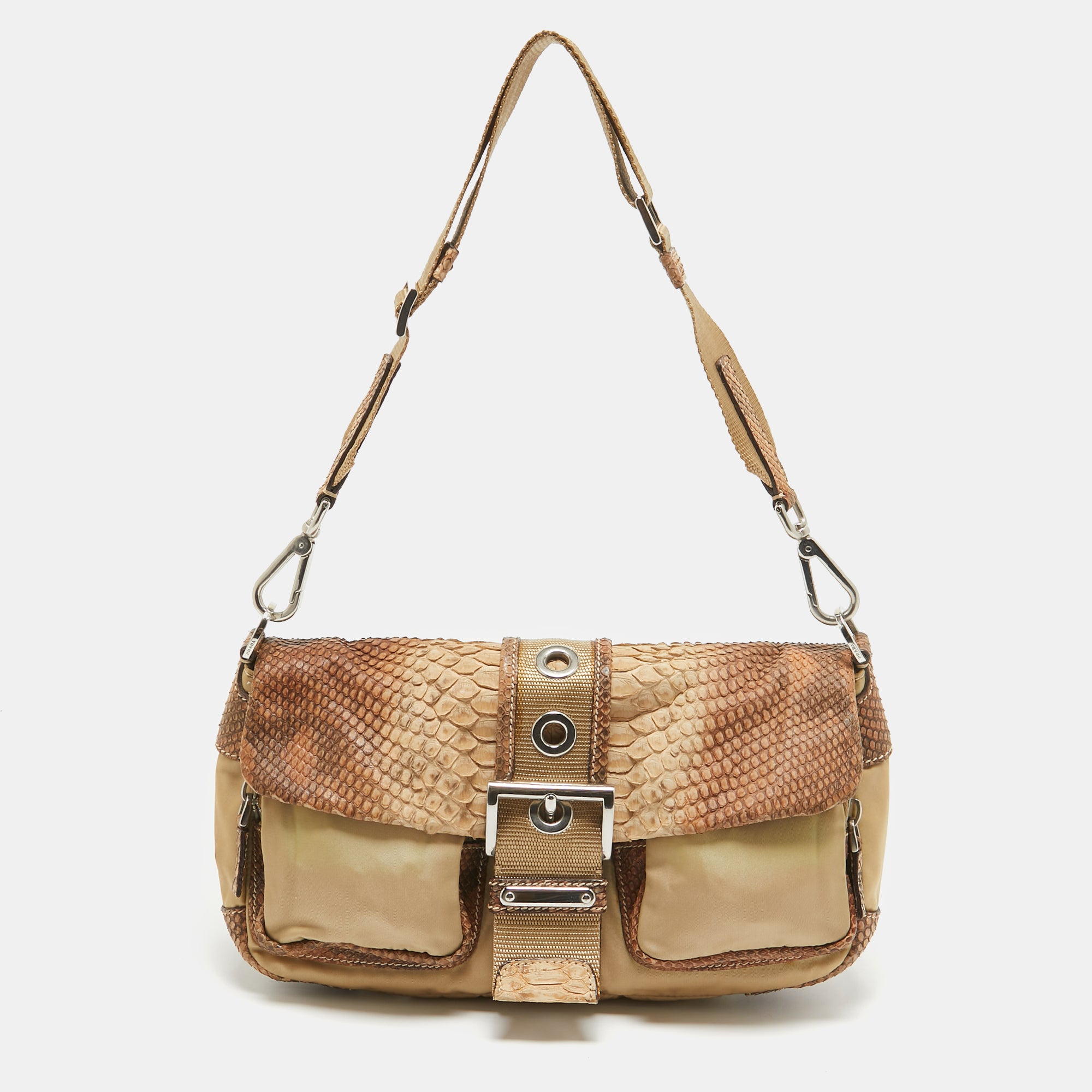 Beige Nylon & Python Leather Double Pocket Crossbody Shoulder Bag for Women - Stylish Everyday Purse for Work, Travel and Shopping