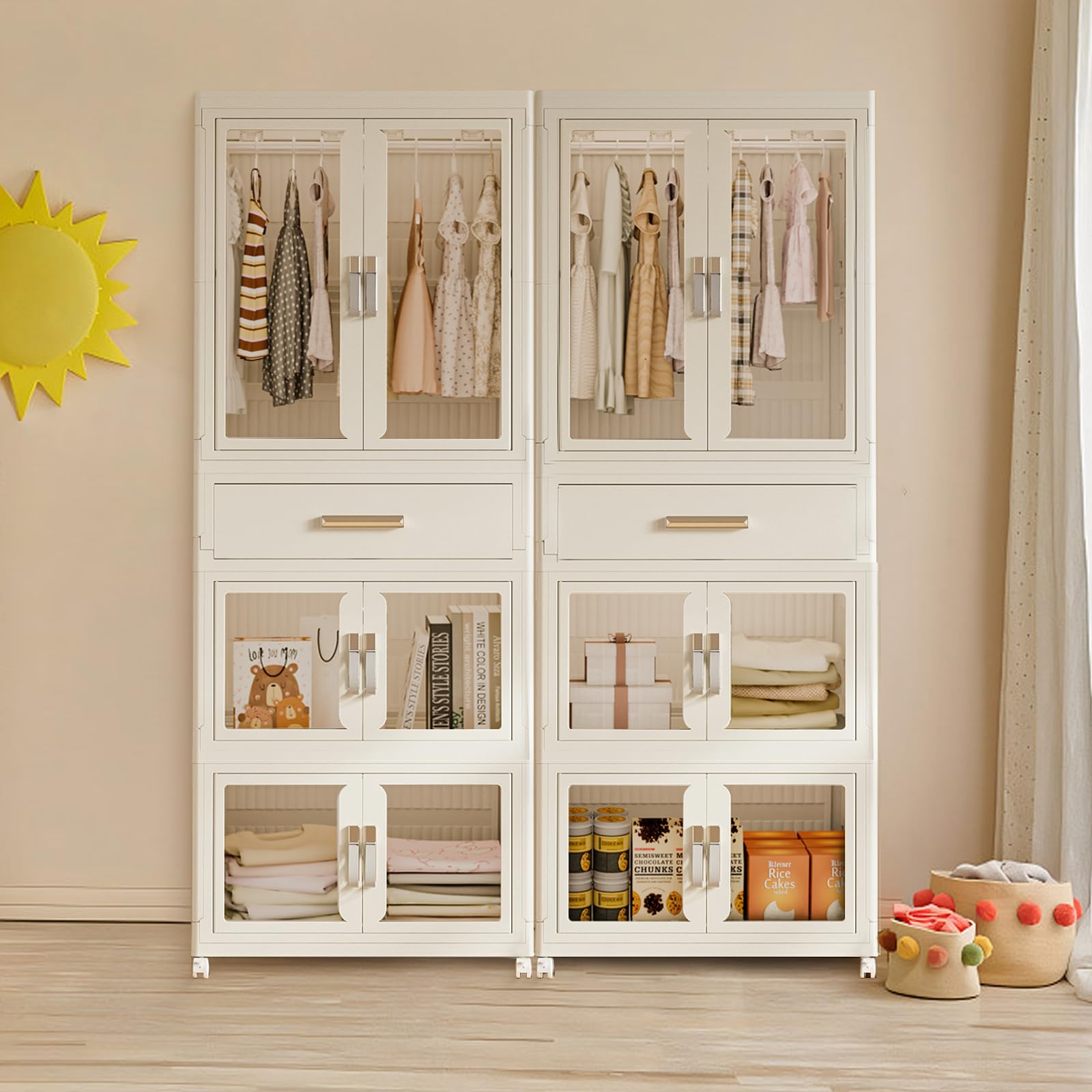 Portable Kids Closet with Drawers & Doors - Large Collapsible Wardrobe for Children & Adults, Baby Clothes Storage Organizer, Dress Up Cabinet with Hanging Rod | Perfect for Nursery, Bedroom, Playroom & Costume Storage