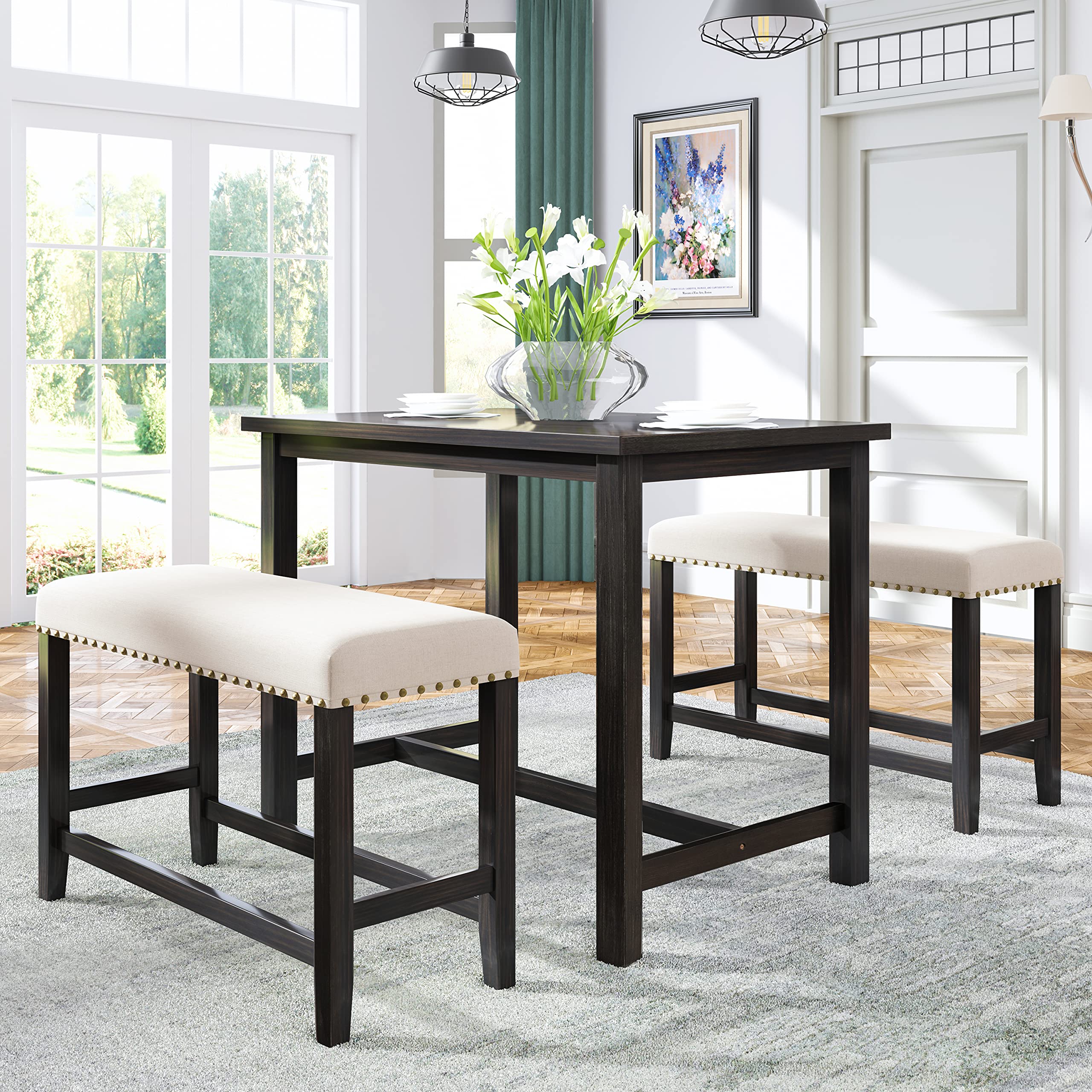 3-Piece Wooden Dining Table Set with 2 Upholstered Benches, Espresso & Beige Kitchen Furniture for 4, Perfect for Family Meals and Small Spaces