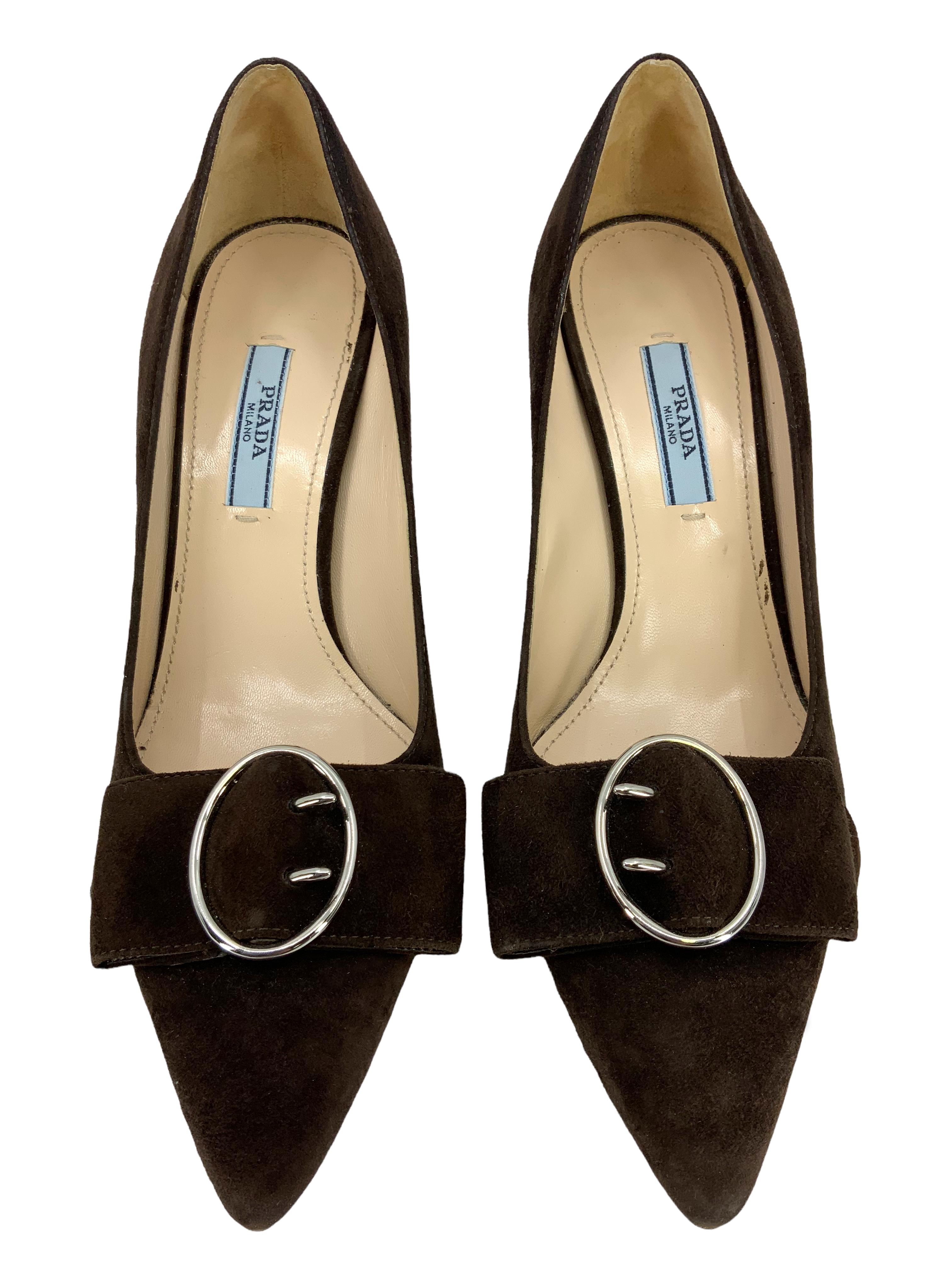 Prada Suede Buckle Pointed Toe Heels Women's Size 6.5 - Elegant Dress Shoes for Office, Party & Special Occasions