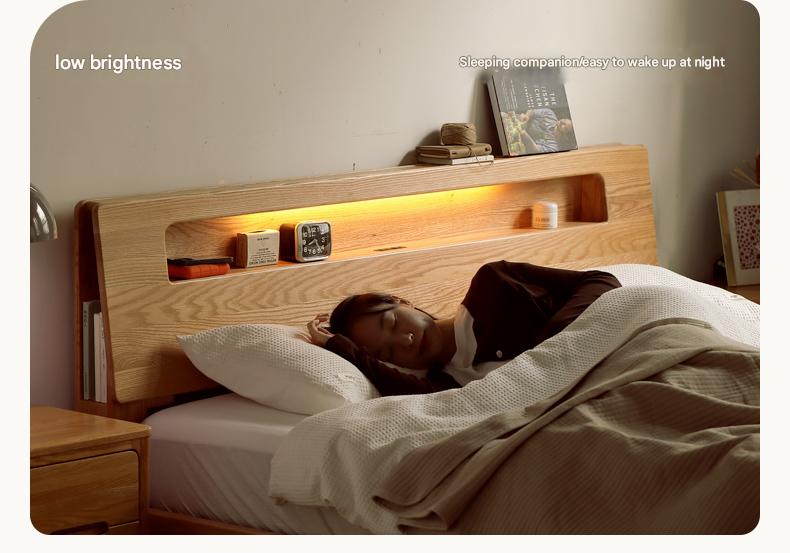 Solid Oak and Beech Wood Bed with Built-in LED Lights and Bookshelf - Modern Bedroom Furniture for Small Spaces, Lofts, and Studio Apartments