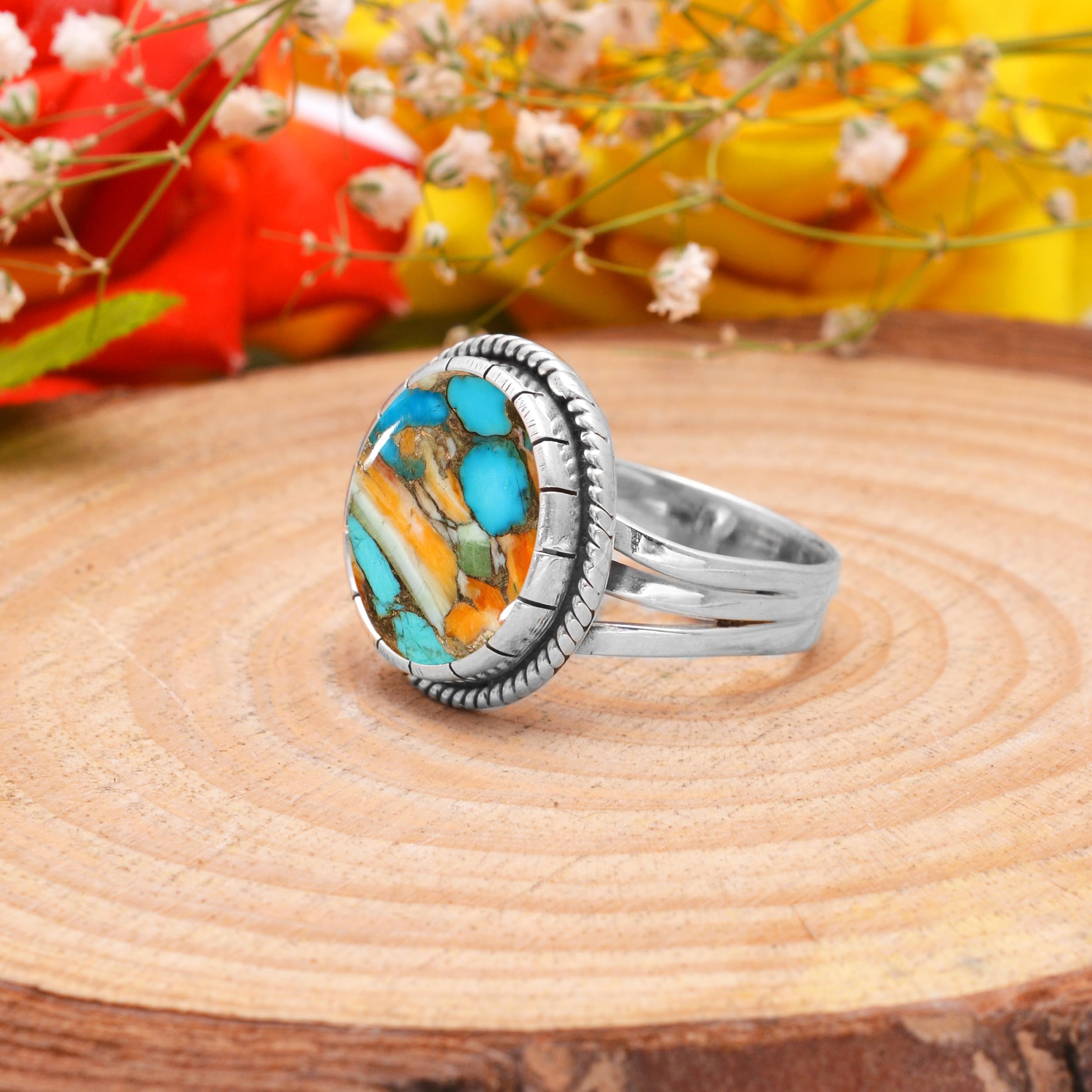Veracity Jewelry 925 Sterling Silver Oyster Copper Turquoise Rings for Women - Kingman Mojave Mohave Spiny Oyster Healing Meditation Jewelry - Multi Color Turquoise Rings - VSR-615 - Perfect for Boho Style, Spiritual Healing & Fashion Accessories
