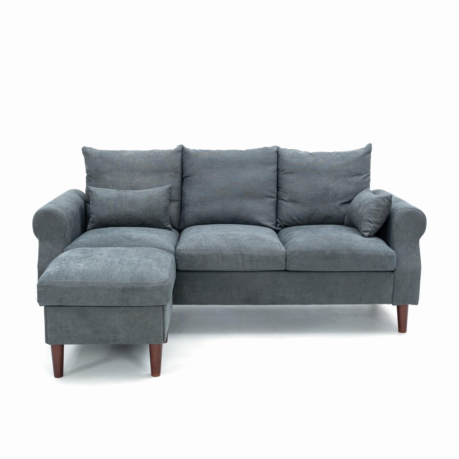Modern L-Shaped Convertible Sectional Sofa - 3-Seat Fabric Couch for Small Spaces, Grey Scroll Arm Design - Perfect for Apartments, Living Rooms & Home Offices