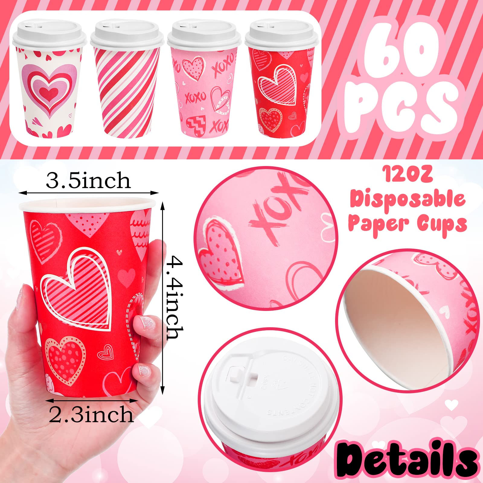 Funtery 60-Pack 12oz Valentine's Day Disposable Paper Cups with Lids - Pink Heart Design for Hot Chocolate, Coffee, Tea & Beverages - Perfect for Valentine's Parties, Christmas Celebrations & Coffee Bar Essentials