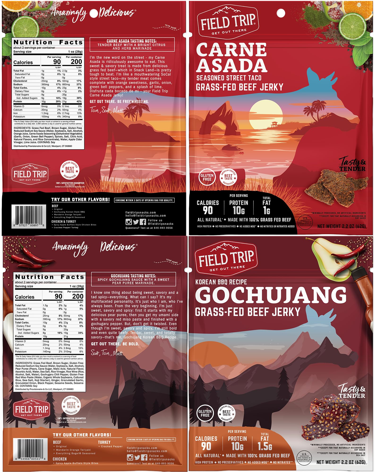Field Trip Grass Fed Beef Jerky Variety Pack - 4 Pack of 2.2oz Bags | All Natural, Gluten Free, Paleo-Friendly, Nitrate-Free, Low Carb & High Protein Healthy Meat Snacks | Perfect for Hiking, Camping, Road Trips & Office Snacking