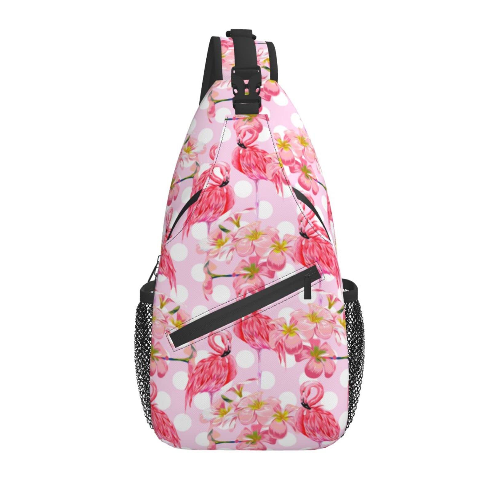 SUPLUCHOM Pink Flamingo Tropical Flower Polka Dot Sling Bag - Lightweight Hiking Daypack, Crossbody Shoulder Backpack for Men & Women - Perfect for Travel, Outdoor Adventures & Daily Commute