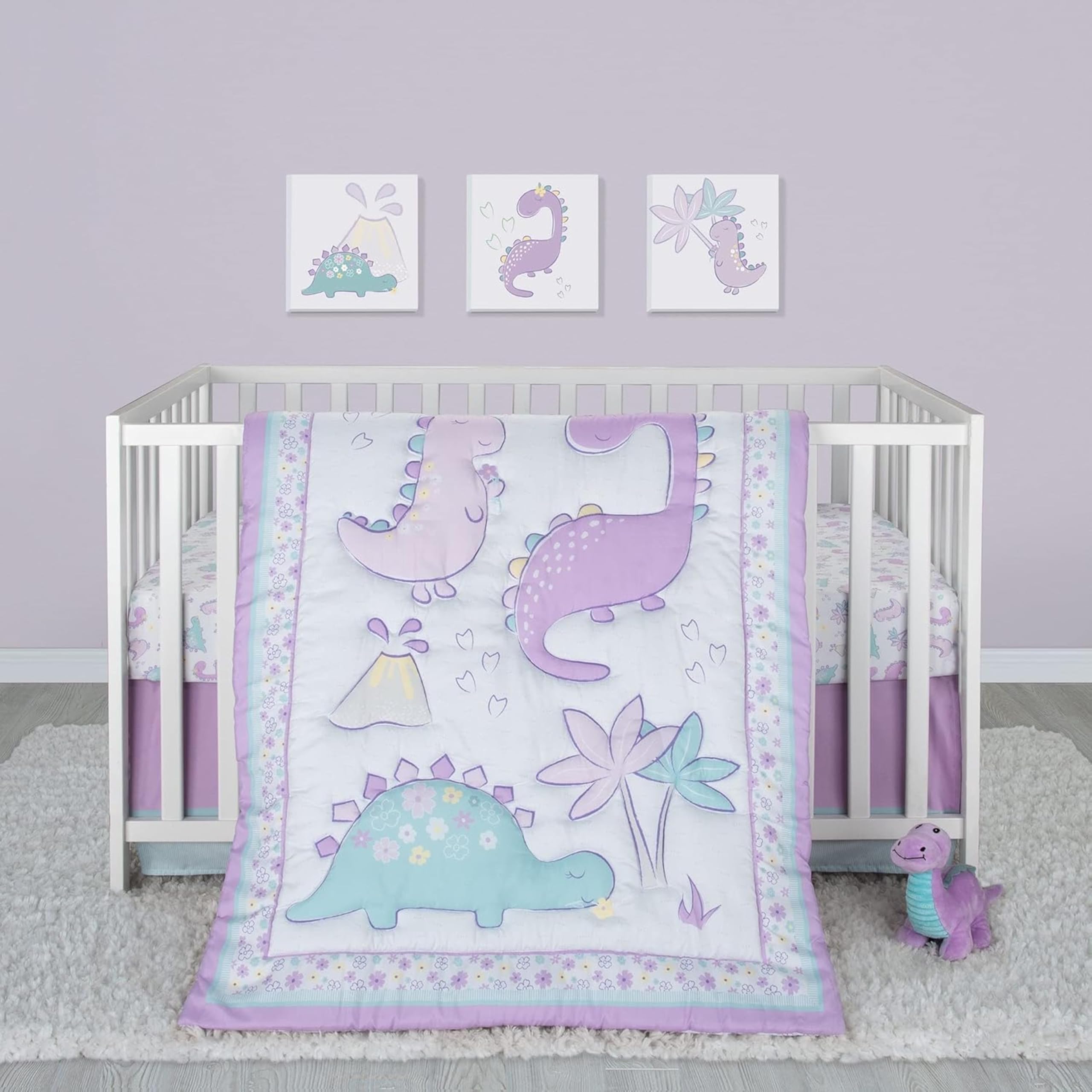 Sammy & Lou Tiny Dinos 4-Piece Baby Crib Bedding Set - Soft Quilt, Fitted Sheet, Crib Skirt & Plush Dinosaur Toy | Adorable Dinosaur Nursery Decor for Boys & Girls | Perfect for Newborns, Infants & Toddlers