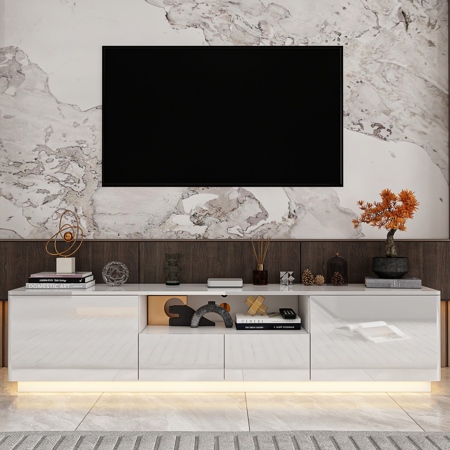 Modern LED TV Stand Console Table - High Gloss Entertainment Center for Living Room, Bedroom & Home Theater - Perfect for 55-75 Inch Flat Screen TVs with Storage Shelves