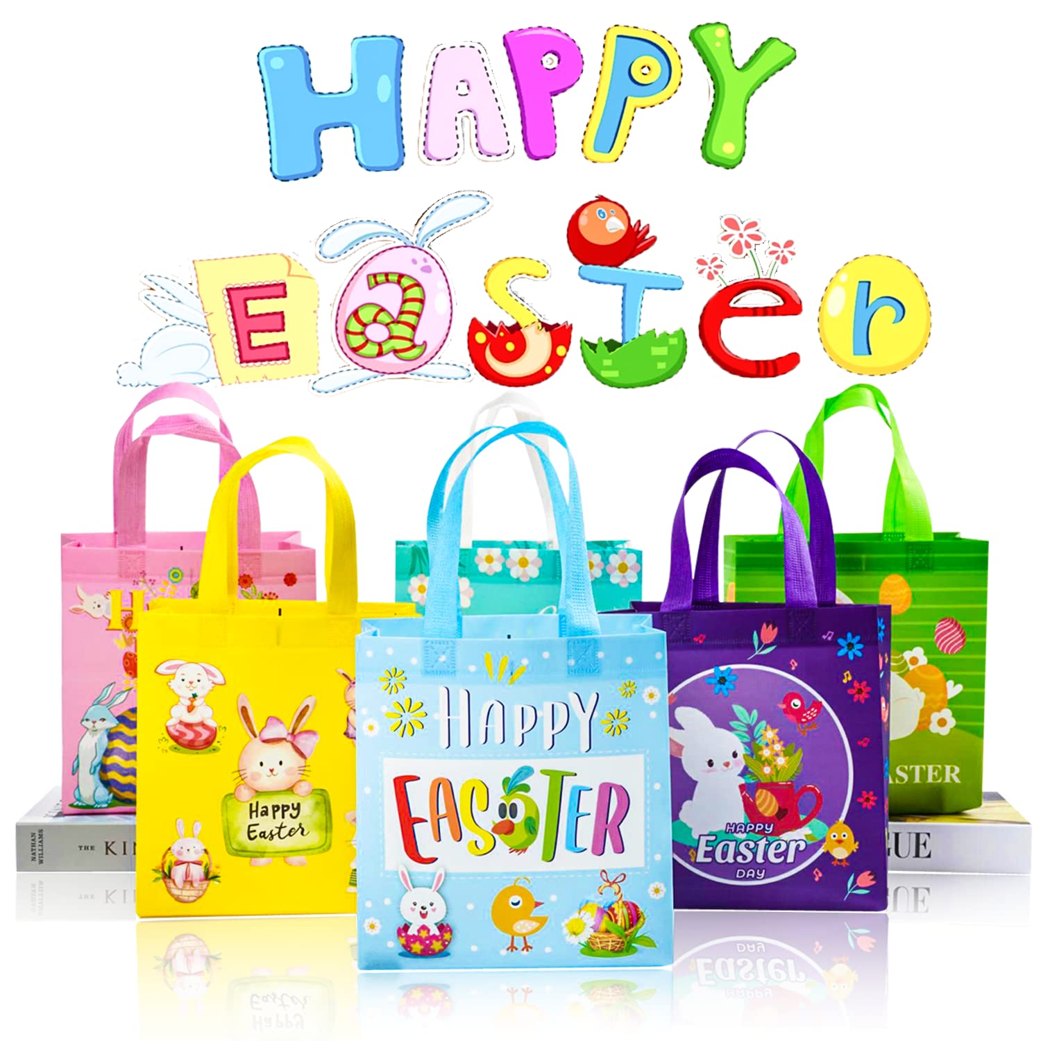 6Pcs Easter Non-Woven Reusable Gift Bags with Handles - Bunny Rabbit Design Waterproof Treat Bags for Kids Party Favors, Egg Hunt & Easter Basket Stuffers