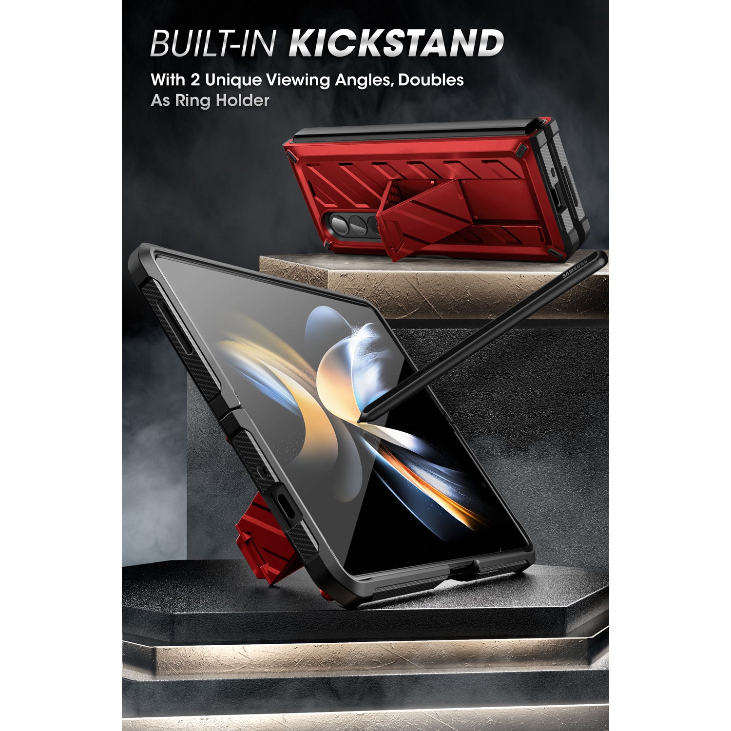 Samsung Galaxy Z Fold 4 Case with Built-in Kickstand & Screen Protector - Shockproof Heavy Duty Cover for Z Fold4 - Metallic Red | Perfect for Work, Travel & Everyday Protection