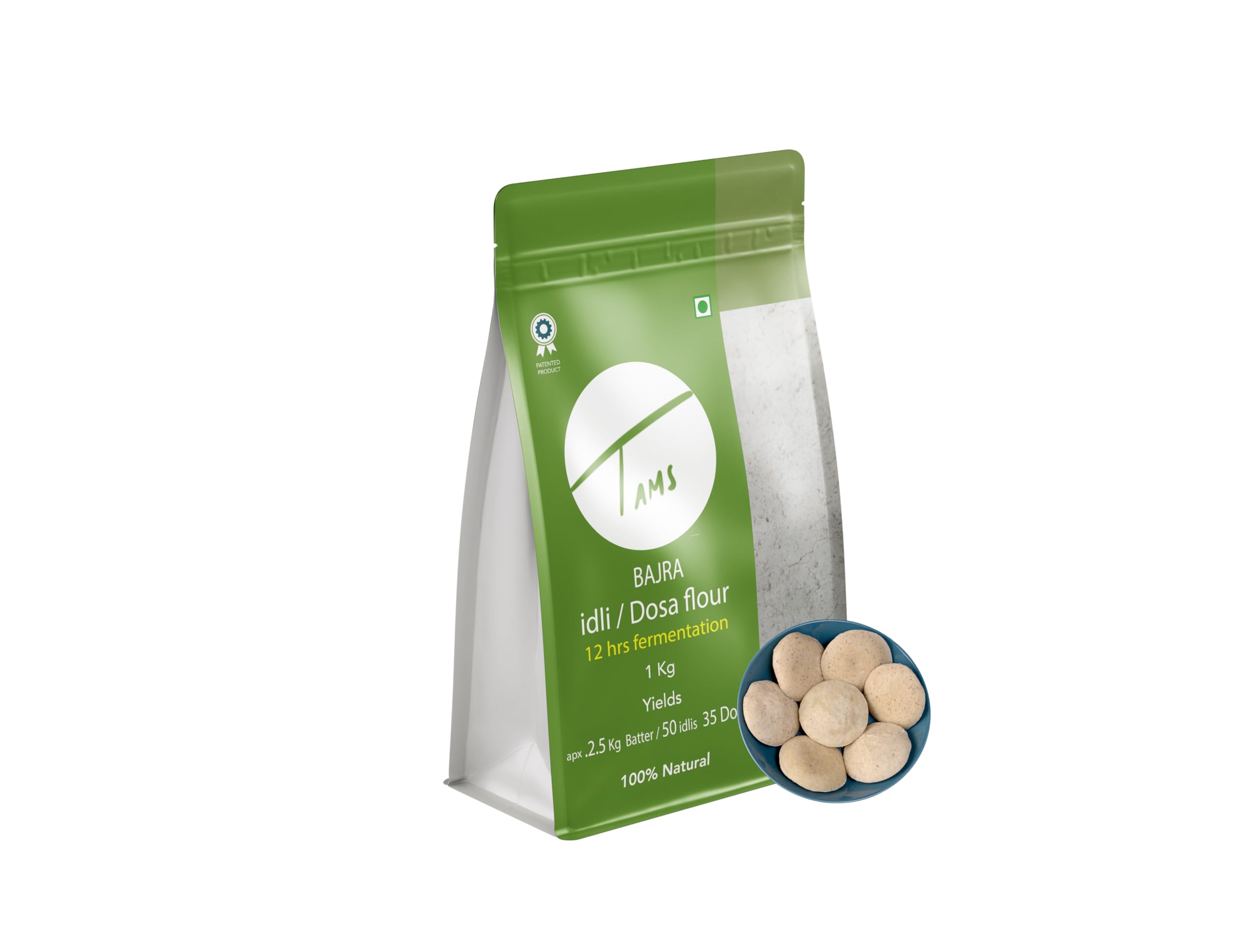 Organic Tams Bajra Idli & Dosa Flour 1kg - Naturally Fermented Gluten-Free Flour for Soft Idlis & Crispy Dosas | Makes 2.5kg Batter (60 Idlis) | 6-Month Shelf Life | No Additives, Chemicals or Yeast | Perfect for Healthy Indian Breakfast & Vegan Meals