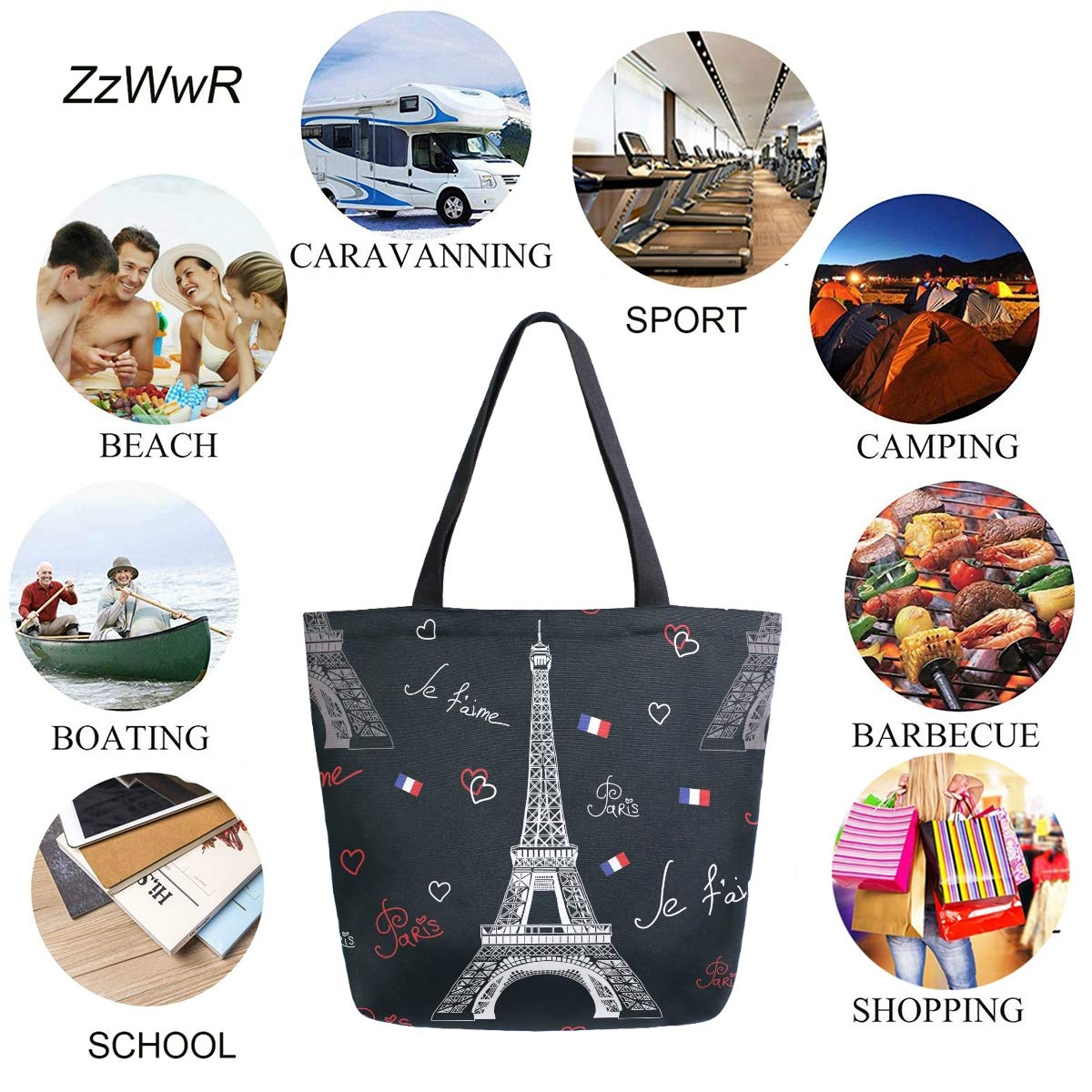 Trendy Paris Eiffel Tower Heart Print Extra Large Canvas Tote Bag - Black Oversized Shoulder Bag for Women, Gym, Beach, Travel & Grocery Shopping | Durable Reusable Weekender Bag with Top Handles