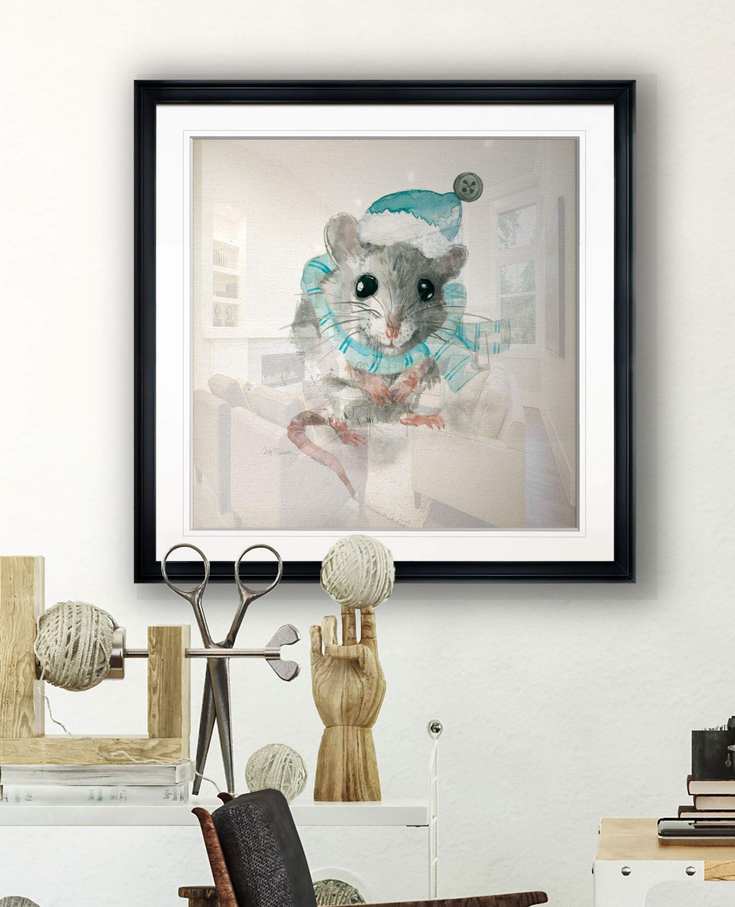 Christmas Critter Mouse Nursery Decor - Framed Animal Wall Art Painting, Abstract Kids Giclee Canvas Prints for Baby Room & Playroom | Perfect Holiday Gift & Home Decoration