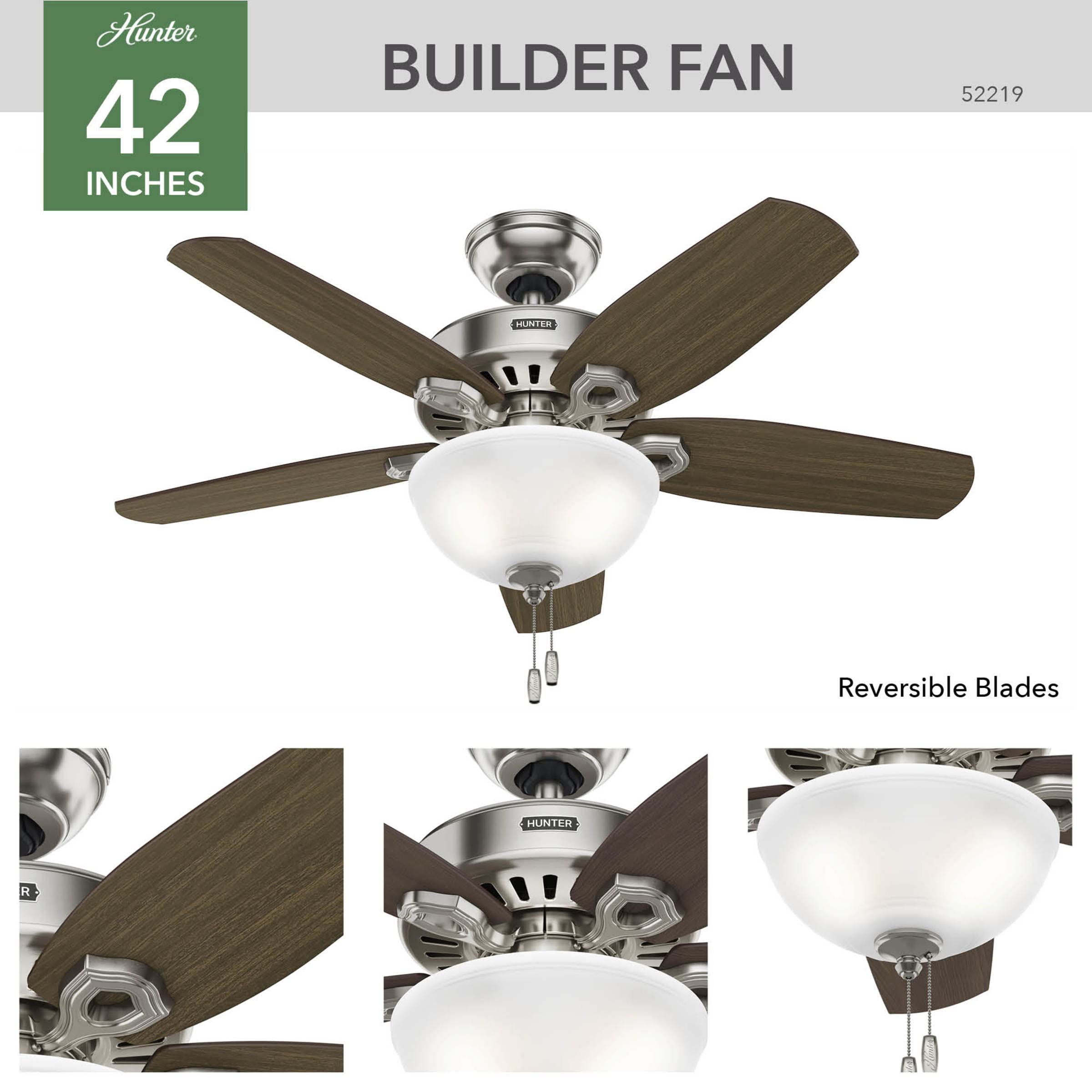 Hunter 42 Inch Brushed Nickel Ceiling Fan with LED Light Kit & Pull Chain - Indoor/Outdoor Use for Bedroom, Living Room, Patio - Energy Efficient Quiet DC Motor (Model 52219)