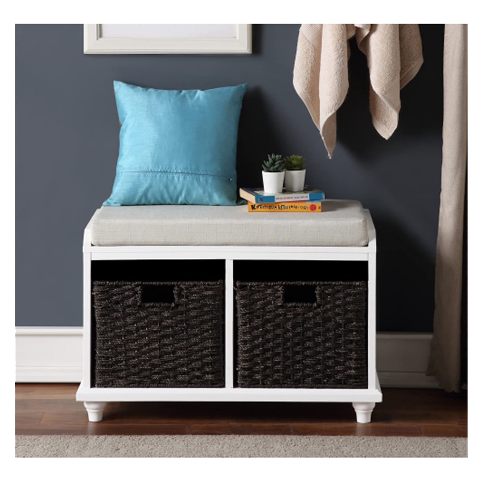 Wooden Shoe Storage Bench with 2 Woven Baskets - Entryway Organizer for Shoes, Hats & Accessories | Perfect for Mudroom, Hallway & Closet Organization
