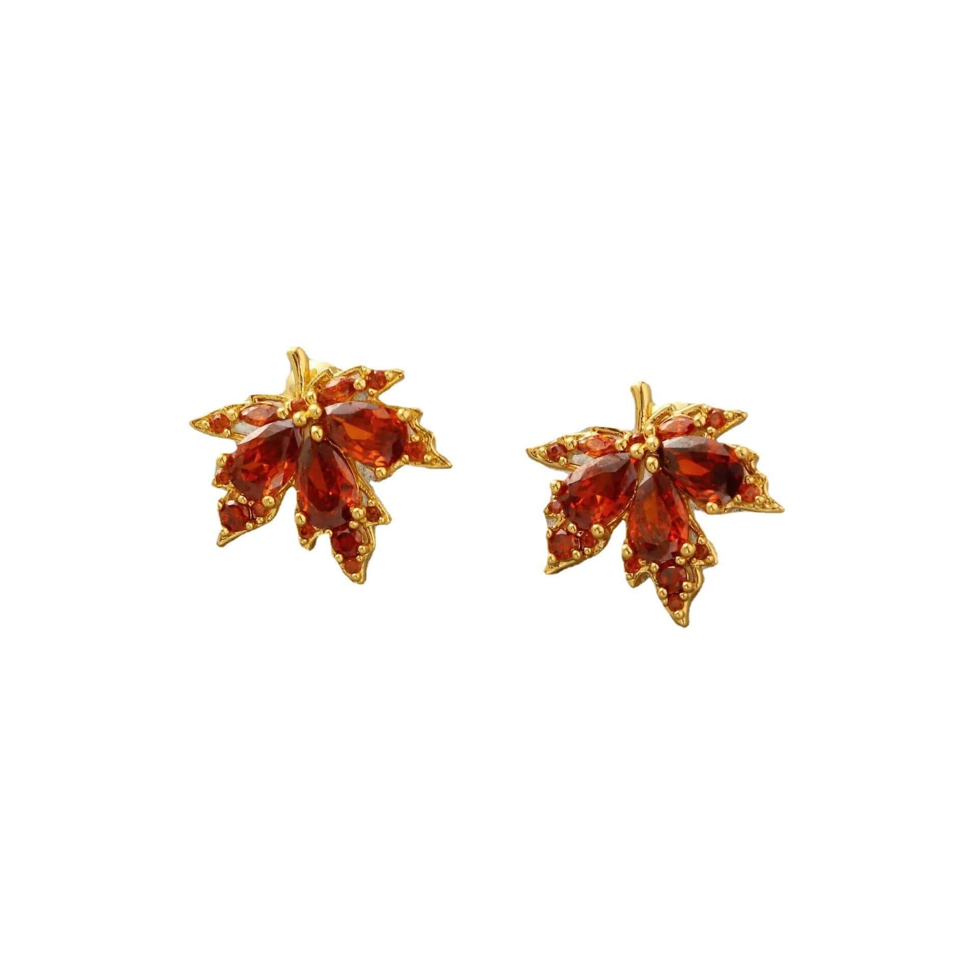 Trendy Red Diamond Leaf Stud Earrings for Women - Elegant Fashion Jewelry Gift for Parties, Weddings & Daily Wear