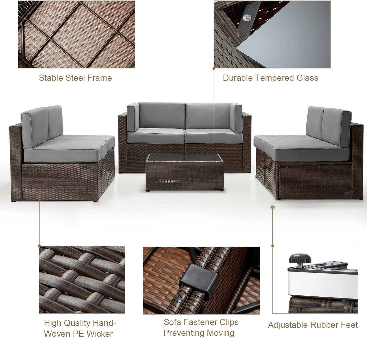 U-MAX 7-Piece PE Rattan Patio Furniture Set with Cushions & Coffee Table - Brown Wicker Sectional Sofa & Dark Grey Cushions for Outdoor Garden, Backyard, Poolside & Balcony Decor