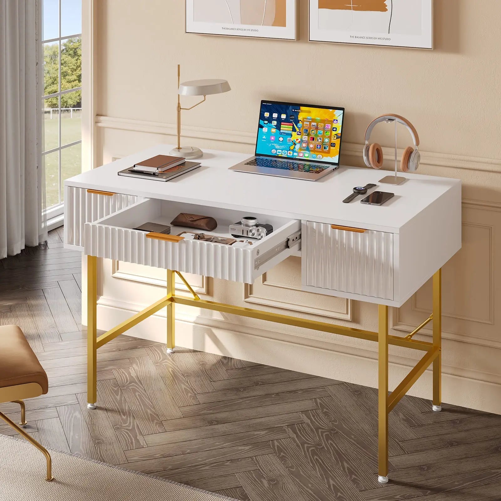 Bestier 47 Inch Modern Fluted Computer Desk with Storage Shelf - Home Office Desk for Small Spaces, Gaming & Study Workstation (Espresso Brown) - Perfect for Home Office, Bedroom, Dorm Room & Workspace