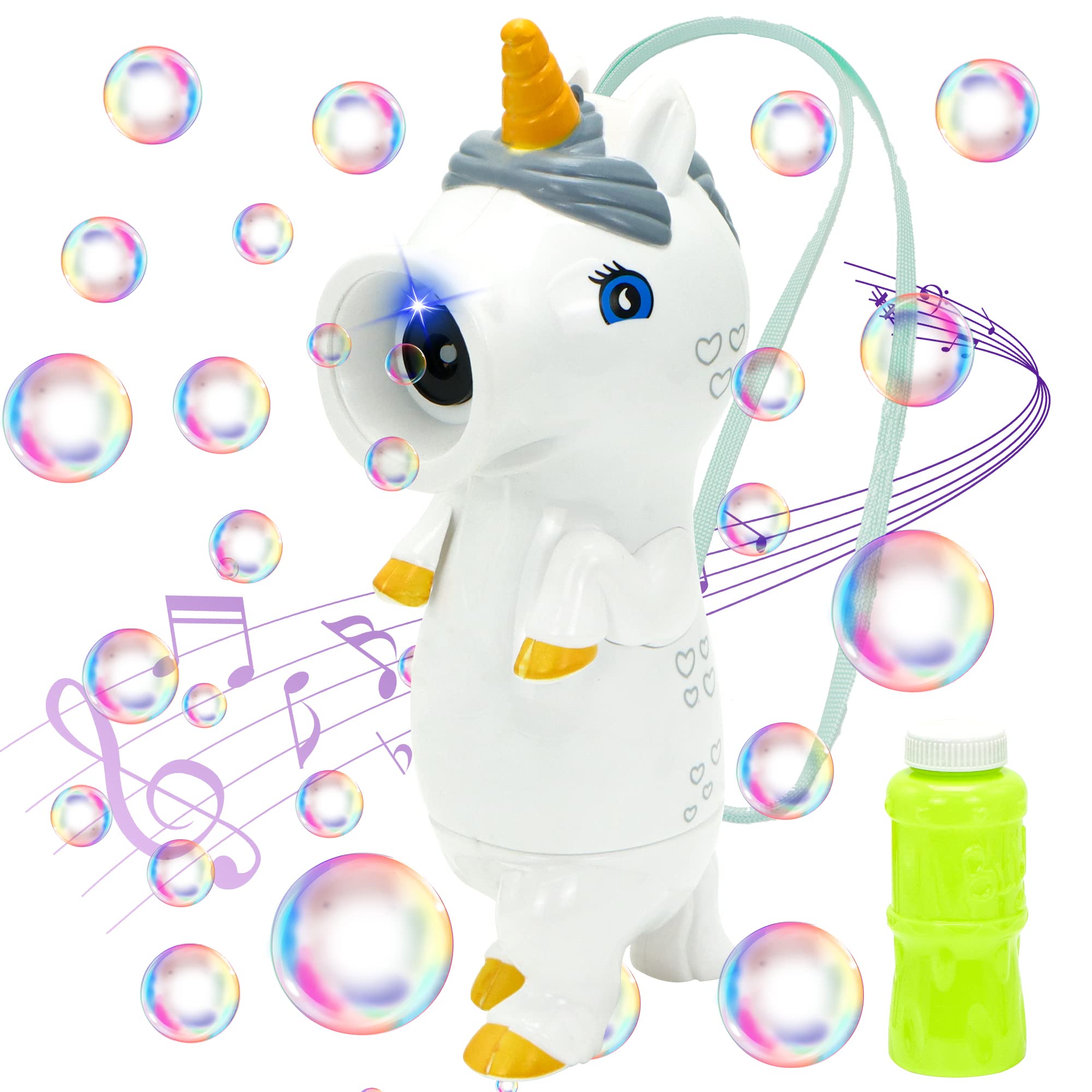 JOYIN Unicorn Bubble Blower Wand with Music & LED Lights | Bubble Gun with Bubble Solution | Birthday Party Favors & Summer Outdoor Toys | Fun for Kids, Pool Parties & Backyard Activities