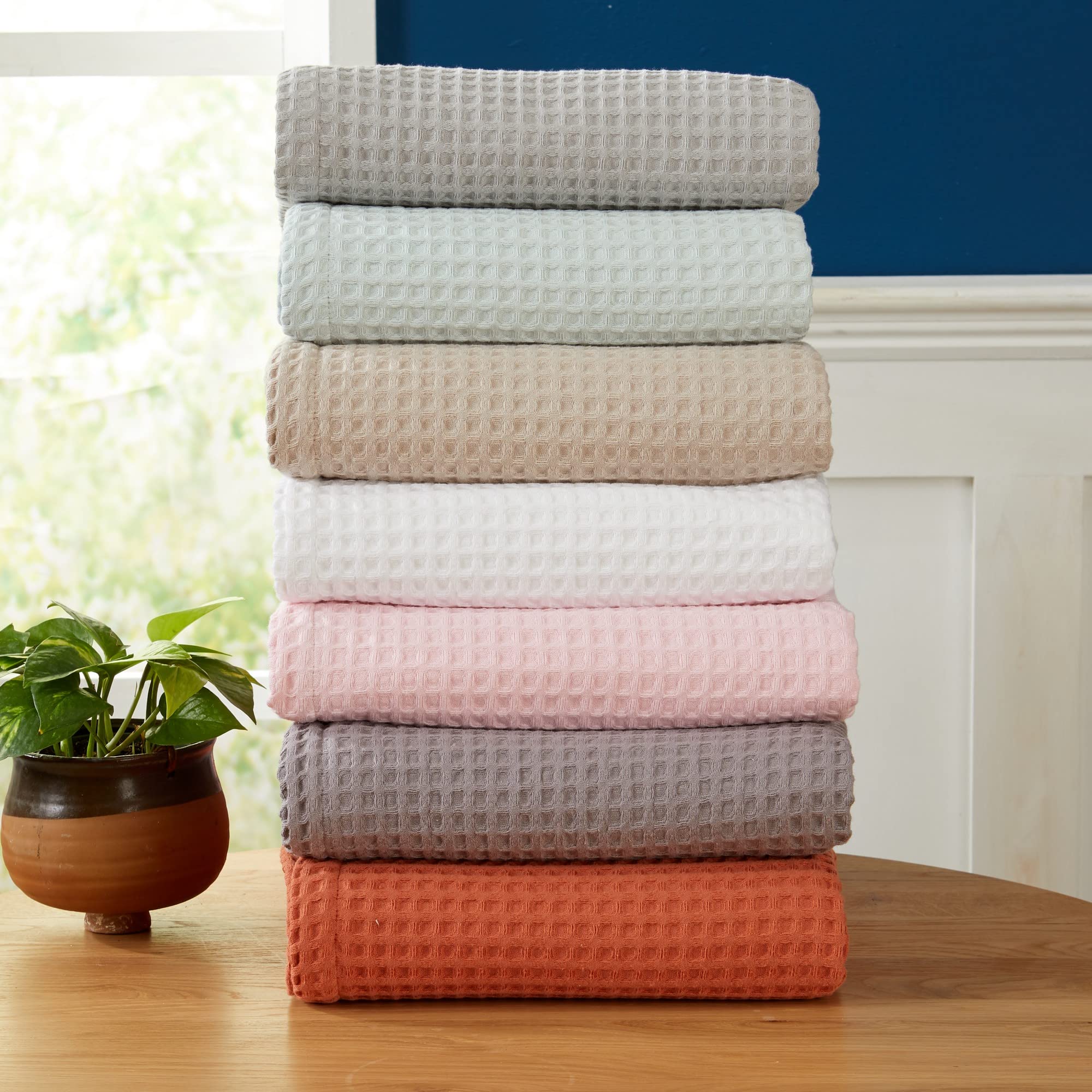100% Cotton Waffle Weave Blanket - Ultra Soft & Breathable All Season Bedding | King Size Lightweight Throw for Bed, Sofa & Travel | Brielle Collection in Icy Blue | Perfect for Cozy Nights, Guest Rooms & Layering