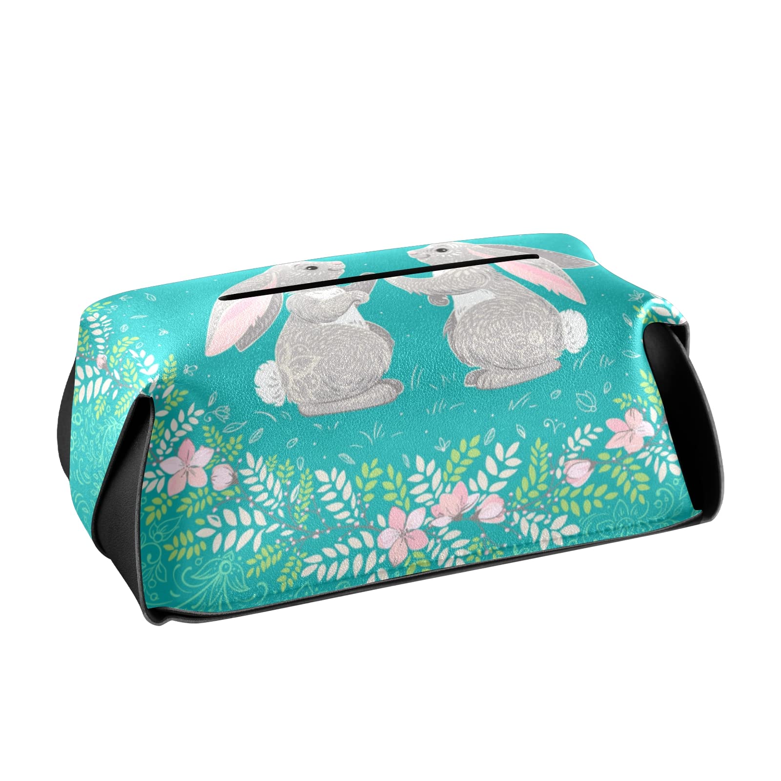 Happy Easter Two Hares Floral Wreath Leather Tissue Box Cover - Turquoise Square with Handle for Bathroom, Home, Office & Car (9.4x5.1x3.6 in) - Perfect for Easter Decor, Vanity Countertops & Nightstands