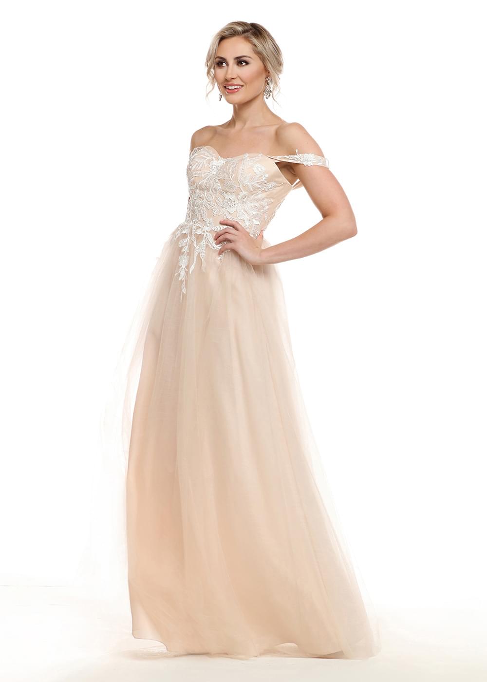 Elegant Off-The-Shoulder Tulle A-Line Bridesmaid Dress with Lace Bodice - Perfect for Weddings, Formal Events & Special Occasions