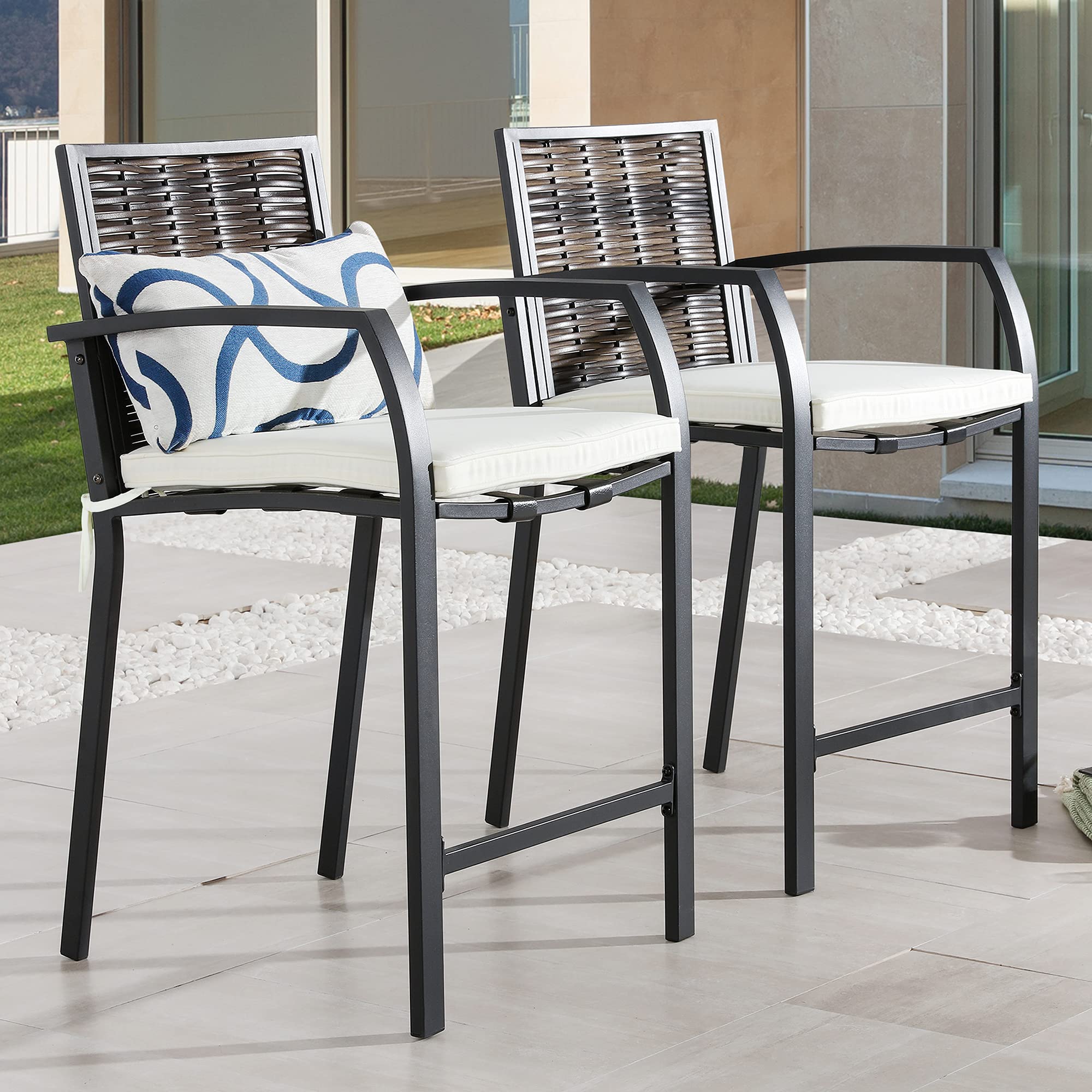 PatioFestival 4-Piece Outdoor Bar Stool Set - All-Weather Cushioned Metal Patio Chairs with Wicker Back (Brown) - Perfect for Backyard, Deck, Poolside & Outdoor Entertaining