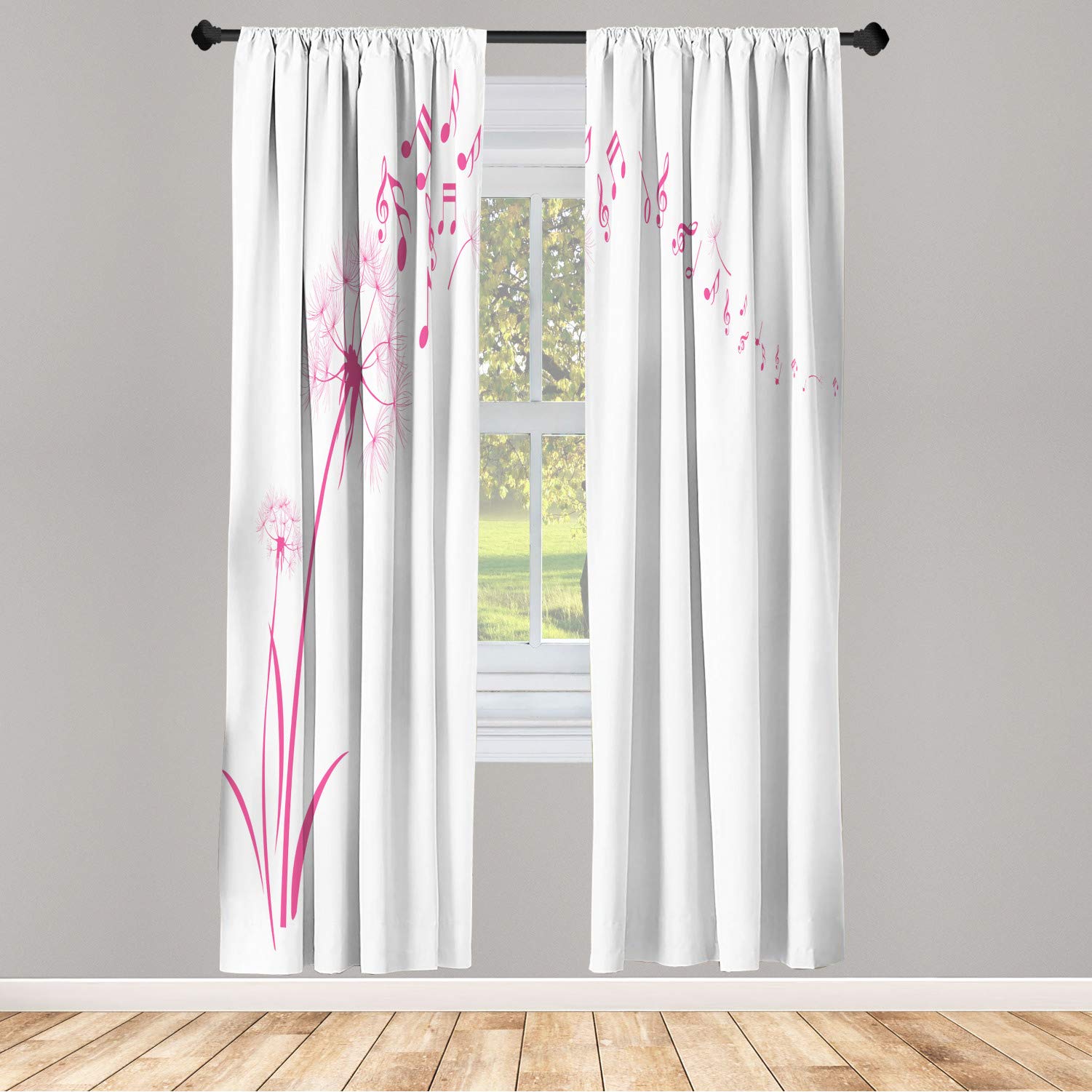 Ambesonne Music Window Curtains - Flying Dandelions with Musical Notes Print, Lightweight Summer Spring Meadow Design, Soft Pink 2-Panel Set with Rod Pocket (28x84 inches) - Perfect for Bedroom, Living Room & Nursery Decor