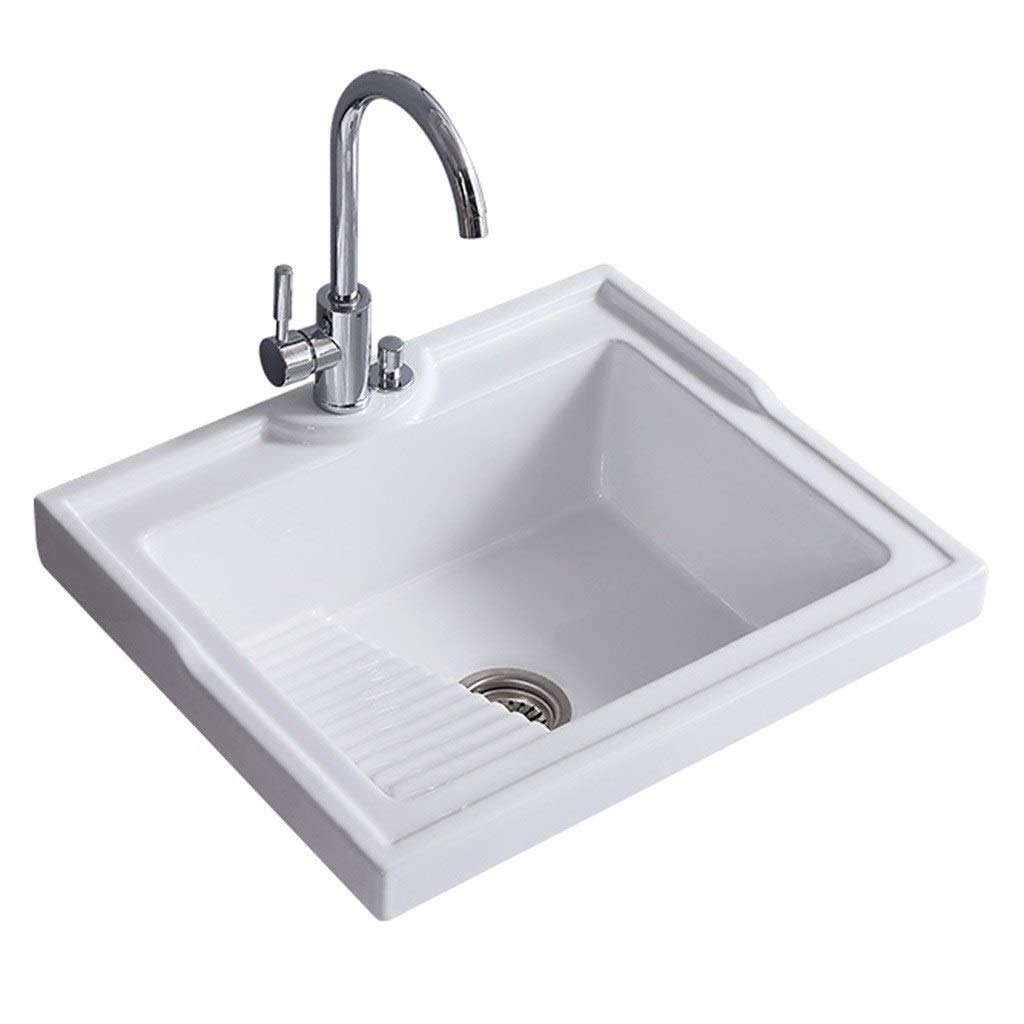 Ceramic Kitchen Sink with Washboard - Large Deep Basin for Balcony & Laundry (White, 62x51.5x23cm)