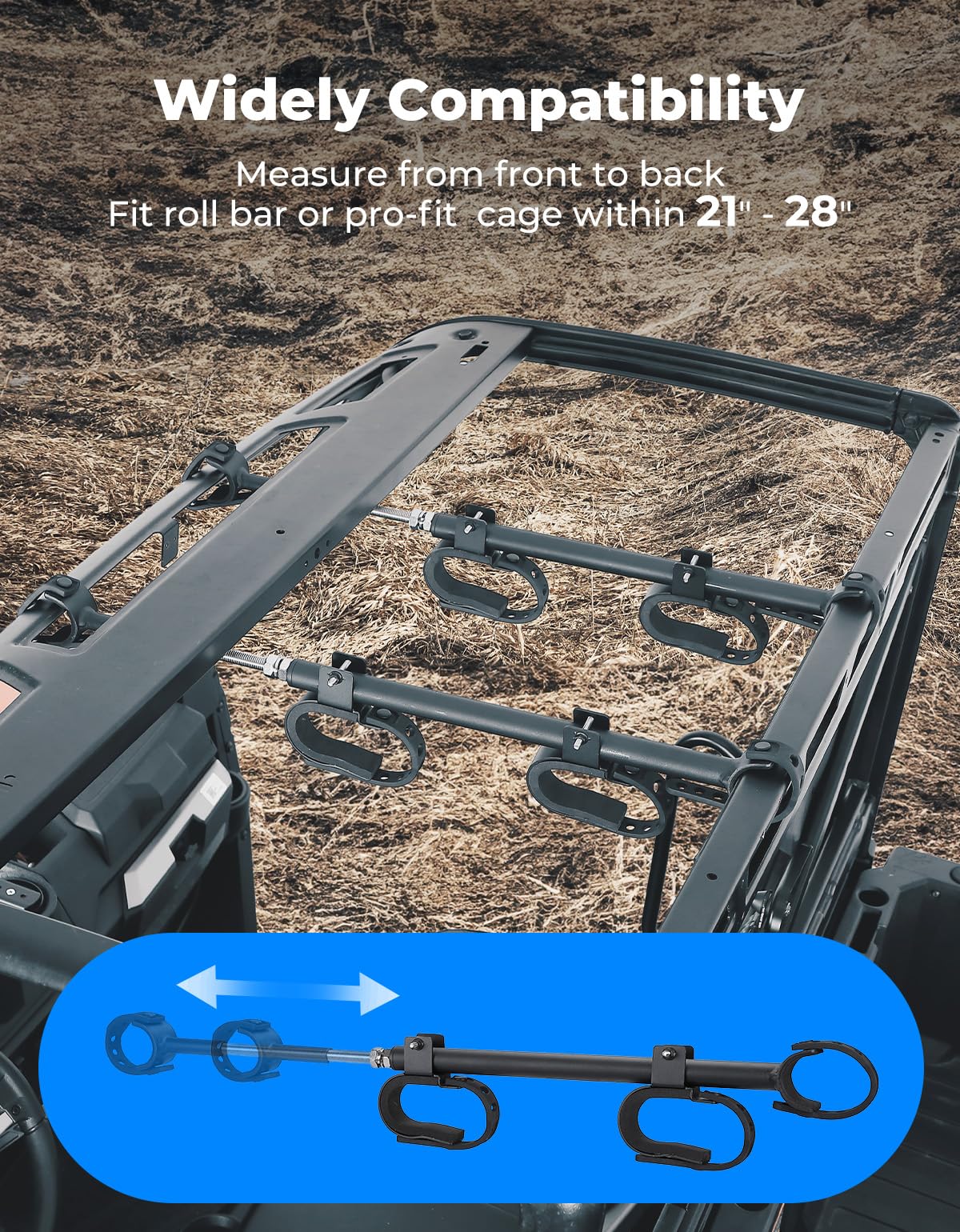 KEMIMOTO UTV Overhead Tool Holder Rack - Heavy Duty Roof Mounted Hunting Gear Organizer for 23-32 inch Roll Bars | Fits Polaris Ranger & Kawasaki Mule | Perfect for Off-Roading, Camping & Outdoor Adventures