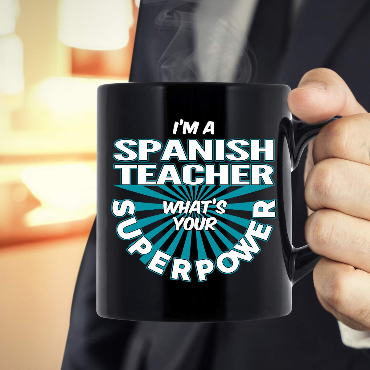 Funny Spanish Teacher Coffee Mug - 'I'm A Spanish Teacher, What's Your Superpower?' 11 oz Black Ceramic Cup - Perfect Gift for Teachers, Educators, Women & Men - Great for Classroom, Office or Home Use