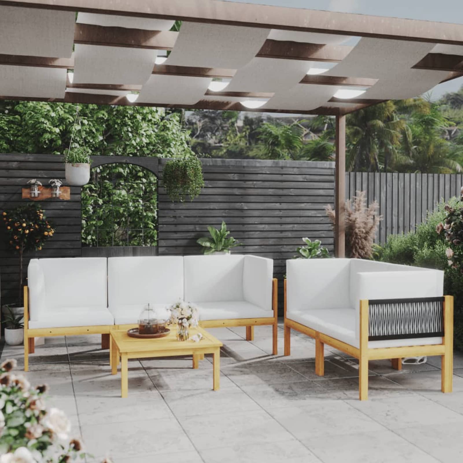 Festnight 6-Piece Patio Lounge Set with Cushions - Solid Acacia Wood Chaise Lounge Chairs in Cream | Wooden Texture Outdoor Furniture for Poolside, Garden, Backyard Relaxation