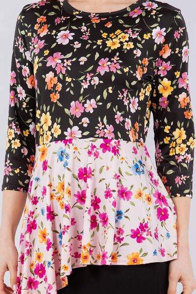 Celeste Floral Print Asymmetrical Hem Round Neck Blouse - Women's Fashion Tops for Casual Outings & Date Nights
