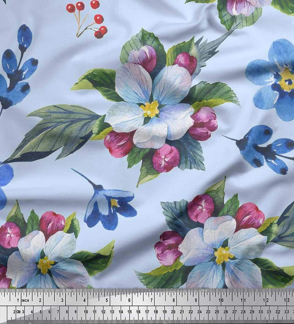 Soimoi 100% Cotton Cambric Fabric by The Yard - 56 Inch Wide Green Leaves & Lavender Blue Floral Print - Nature-Inspired Elegance for DIY Sewing, Quilting, Dressmaking & Home Decor Projects
